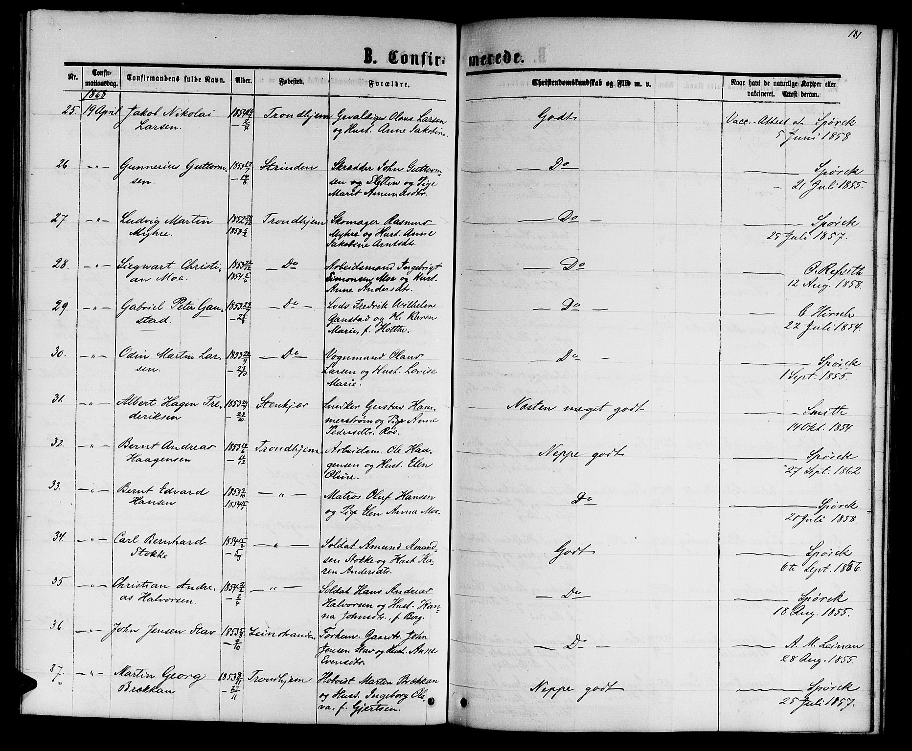 Ministerialprotokoller, klokkerbøker og fødselsregistre - Sør-Trøndelag, AV/SAT-A-1456/601/L0087: Parish register (copy) no. 601C05, 1864-1881, p. 181