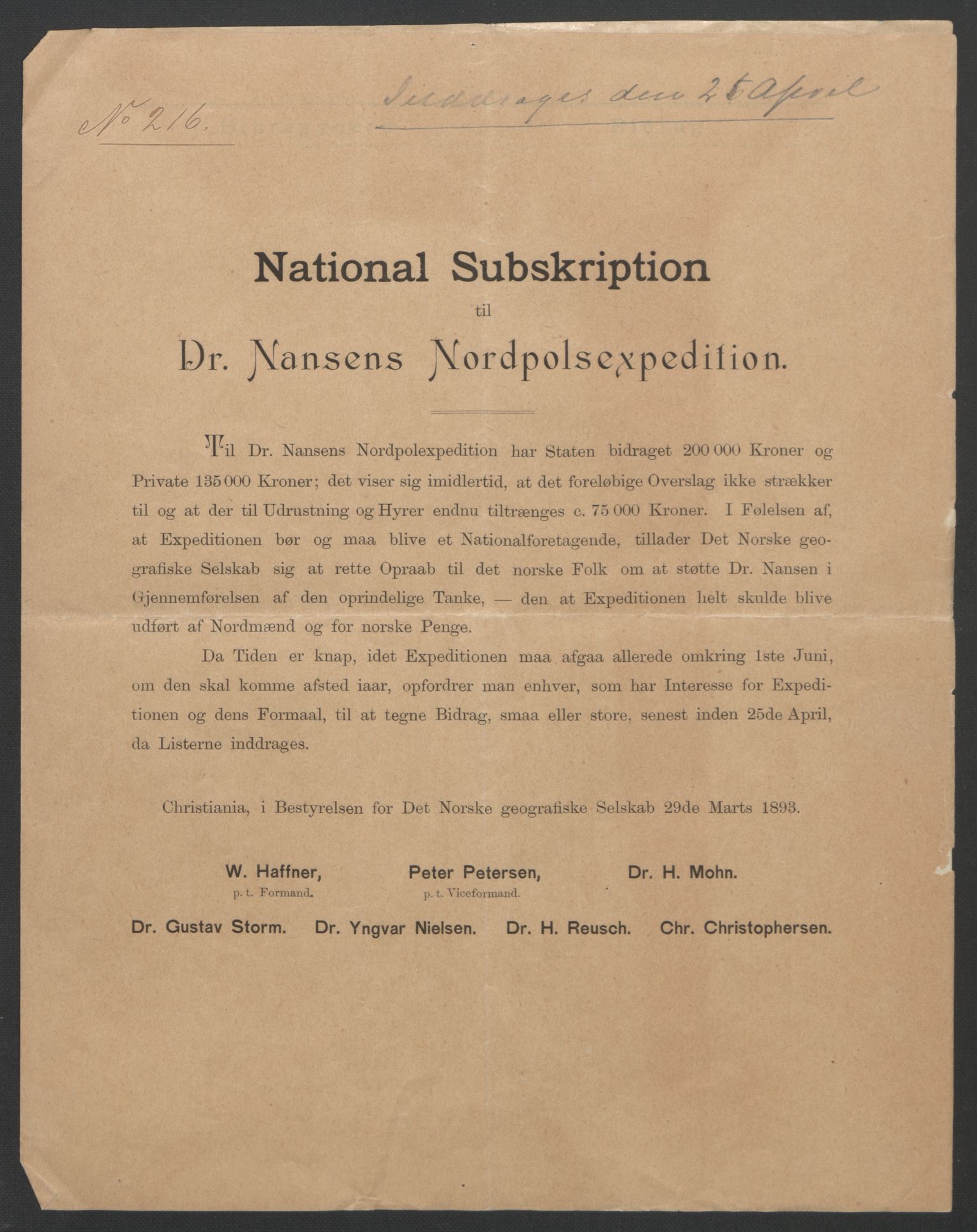 Arbeidskomitéen for Fridtjof Nansens polarekspedisjon, RA/PA-0061/D/L0001/0004: Pengeinnsamlingen / Bidragslister med følgebrev, 1893, p. 3