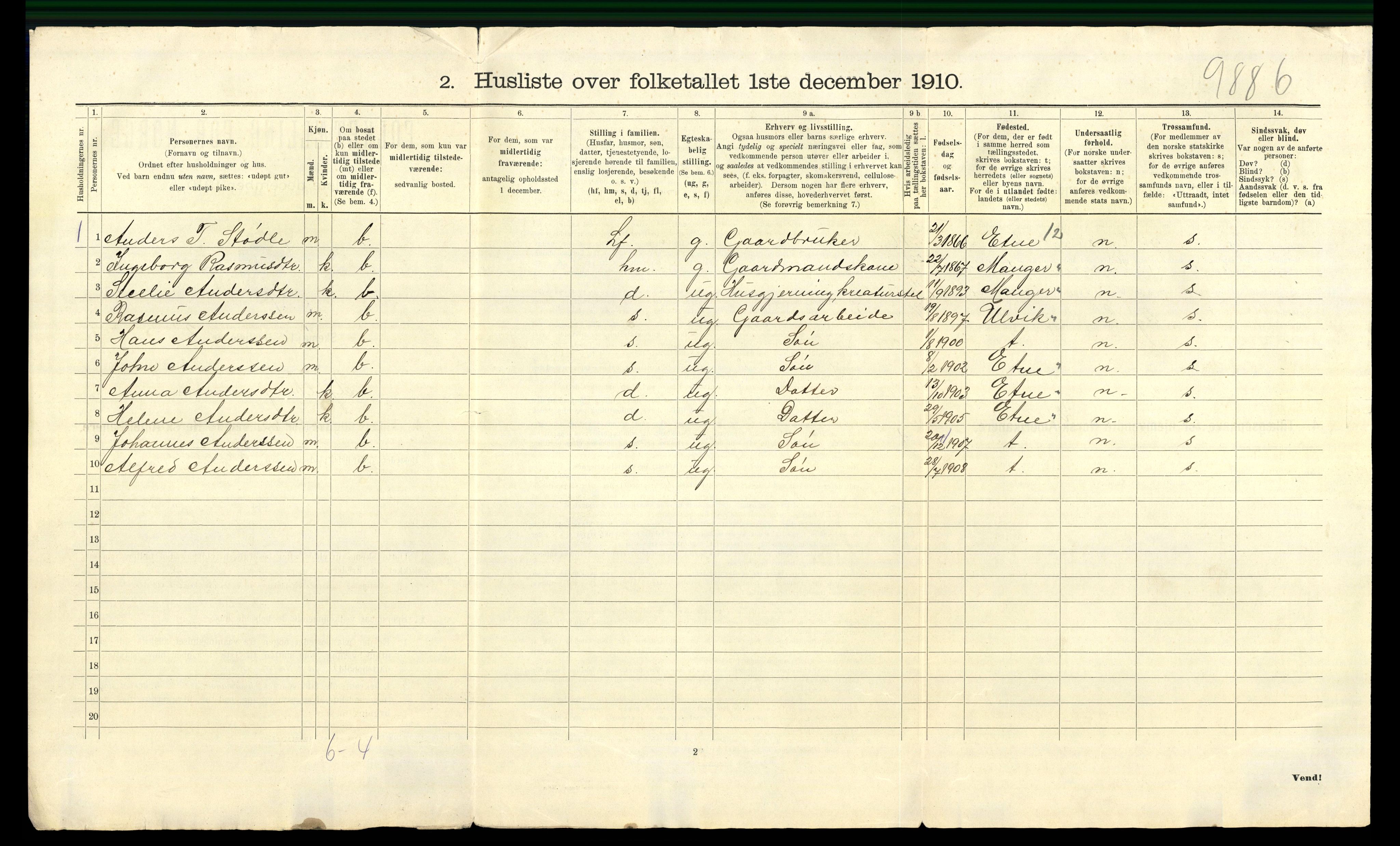 RA, 1910 census for Fjelberg, 1910, p. 46