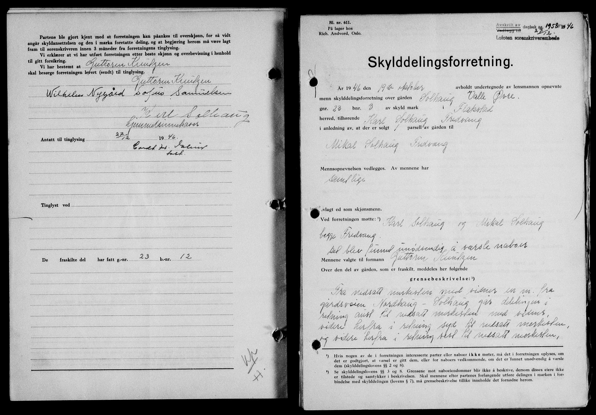 Lofoten sorenskriveri, SAT/A-0017/1/2/2C/L0015a: Mortgage book no. 15a, 1946-1947, Diary no: : 1958/1946
