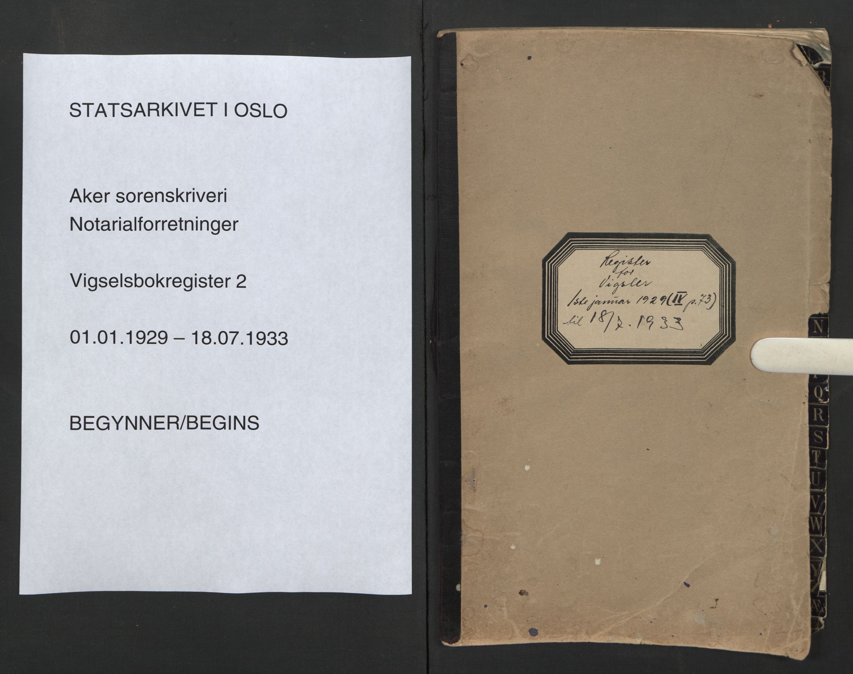 Aker sorenskriveri, AV/SAO-A-10895/L/Lc/Lca/L0001/0002: Register til vigselprotokoll / Register, 1929-1933