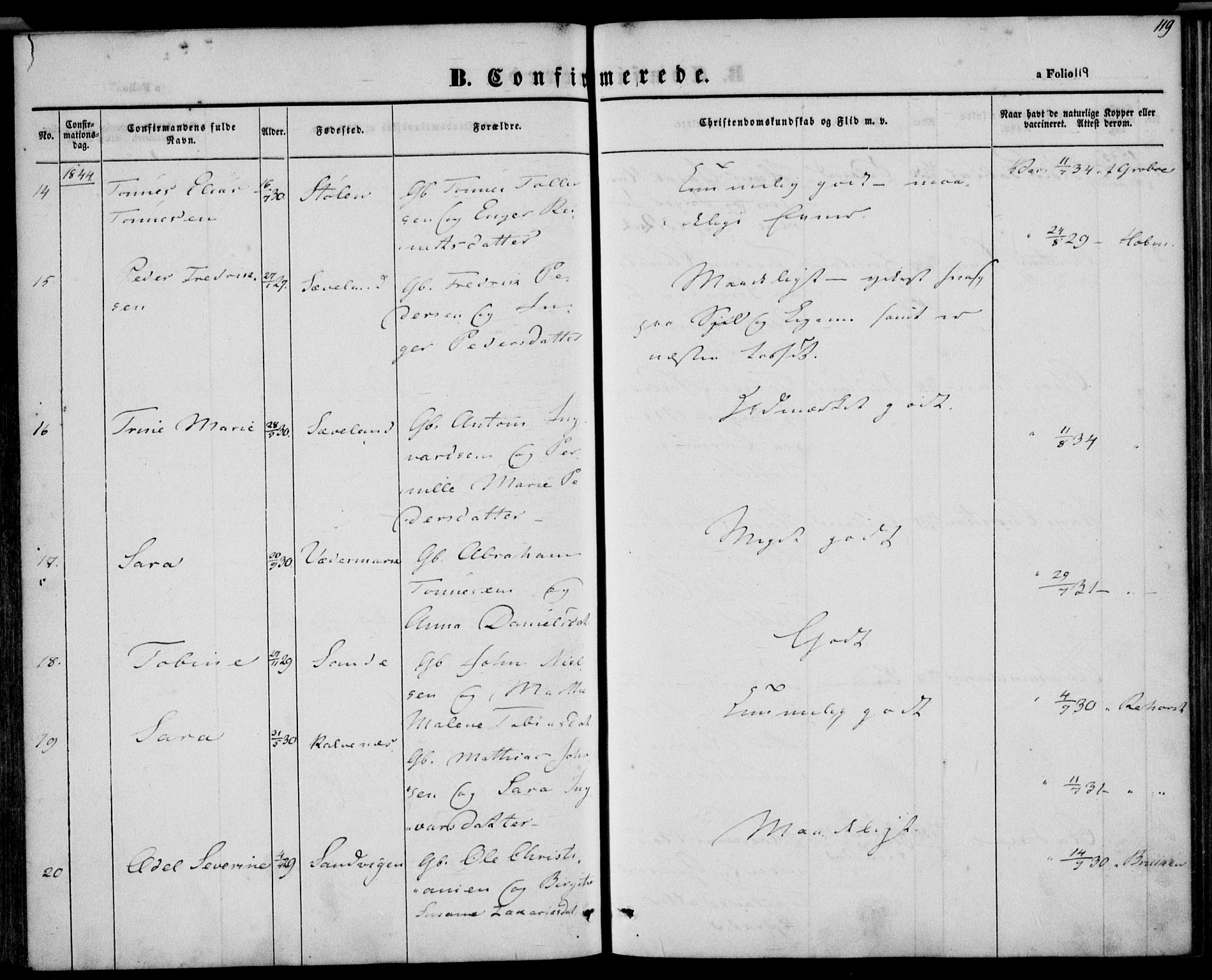 Herad sokneprestkontor, AV/SAK-1111-0018/F/Fa/Faa/L0004: Parish register (official) no. A 4, 1844-1853, p. 119