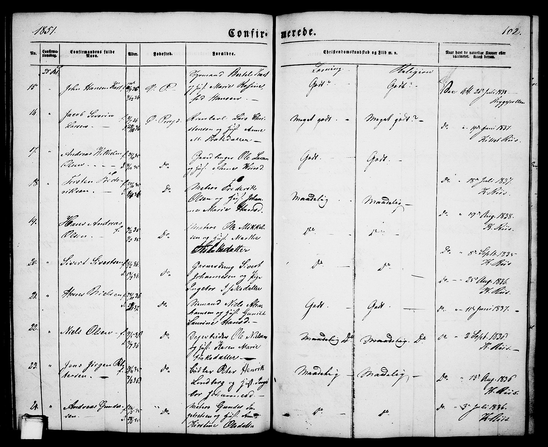 Porsgrunn kirkebøker , SAKO/A-104/G/Ga/L0002: Parish register (copy) no. I 2, 1847-1877, p. 102