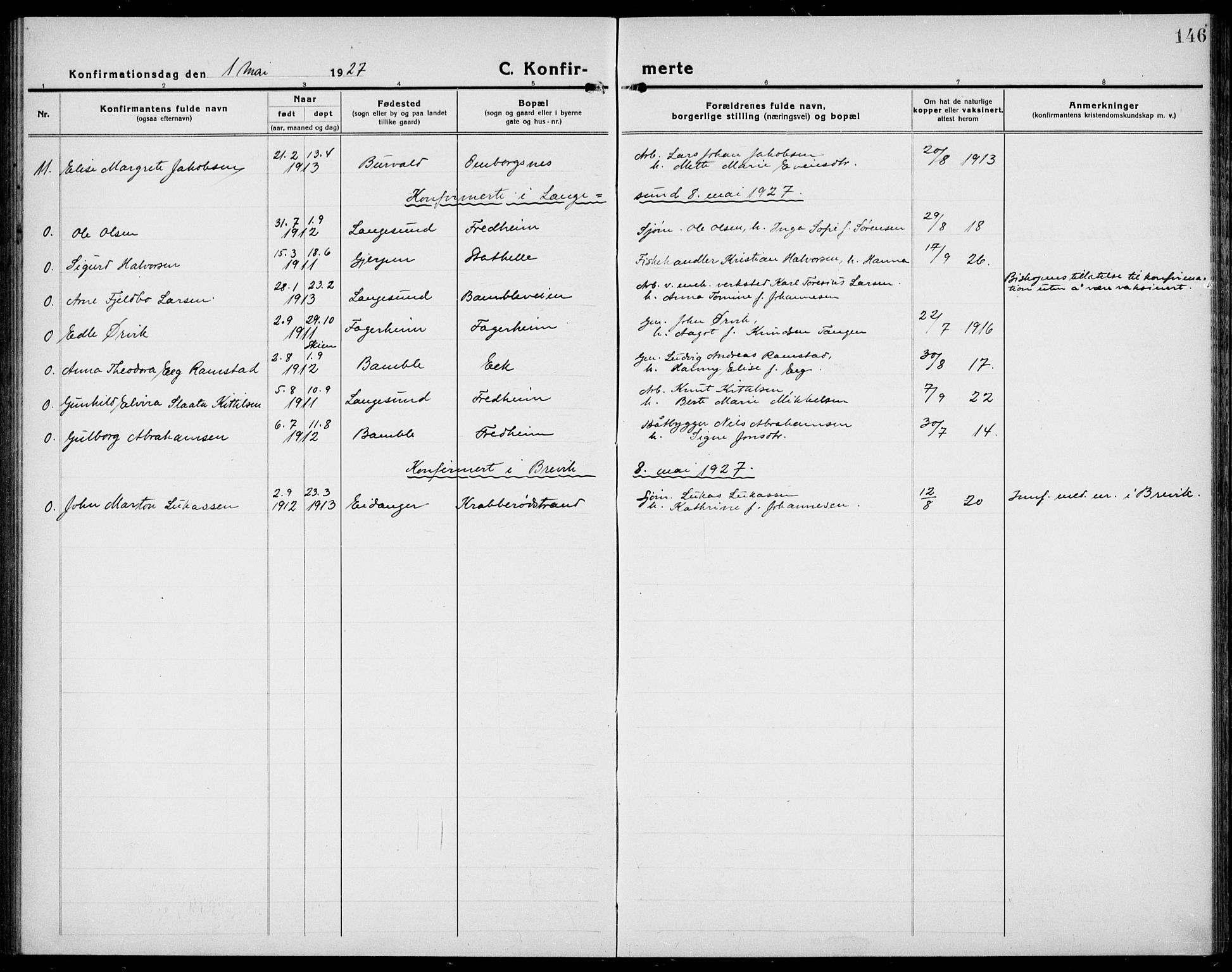 Bamble kirkebøker, AV/SAKO-A-253/G/Ga/L0011: Parish register (copy) no. I 11, 1920-1935, p. 146