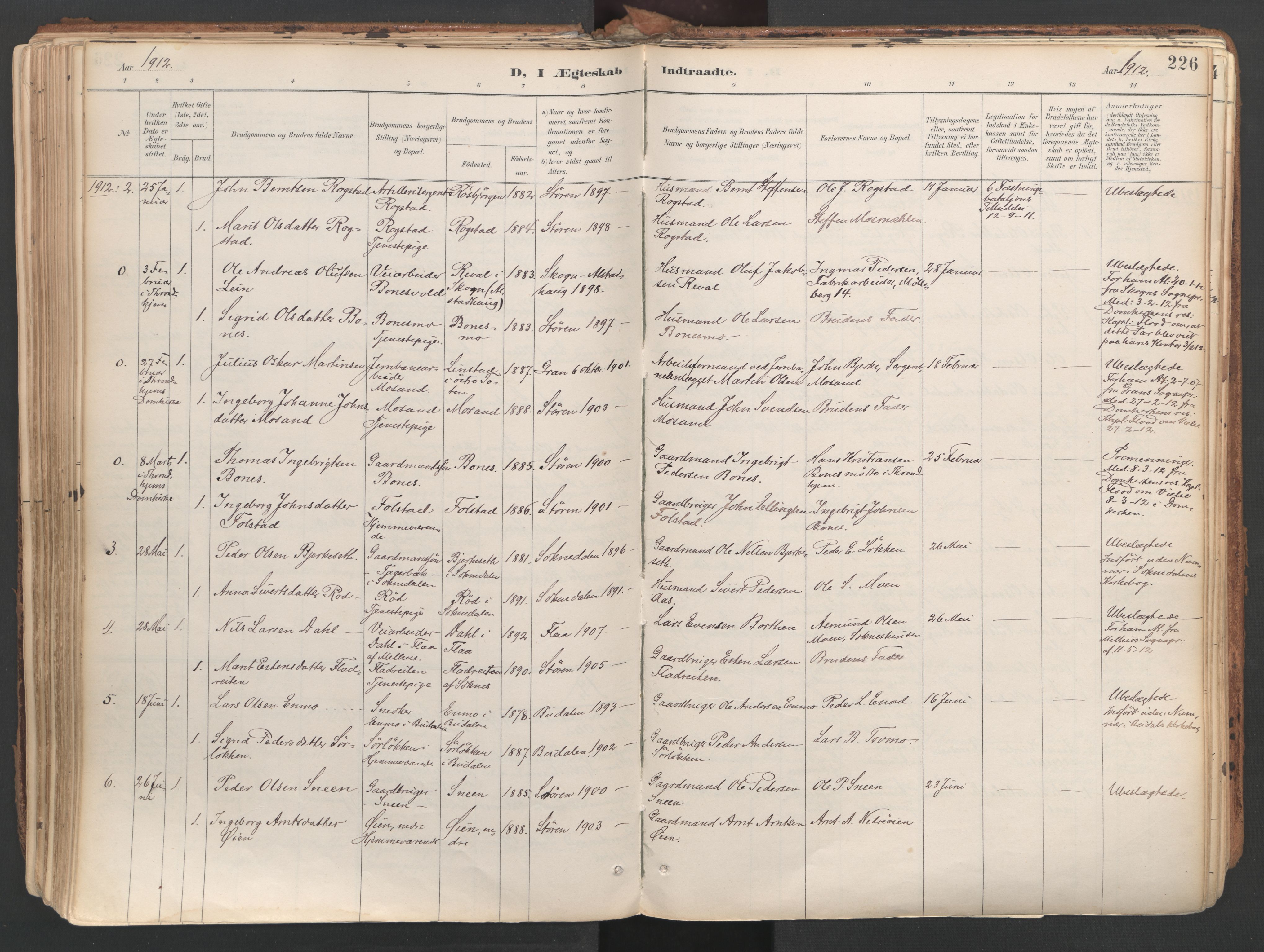 Ministerialprotokoller, klokkerbøker og fødselsregistre - Sør-Trøndelag, SAT/A-1456/687/L1004: Parish register (official) no. 687A10, 1891-1923, p. 226