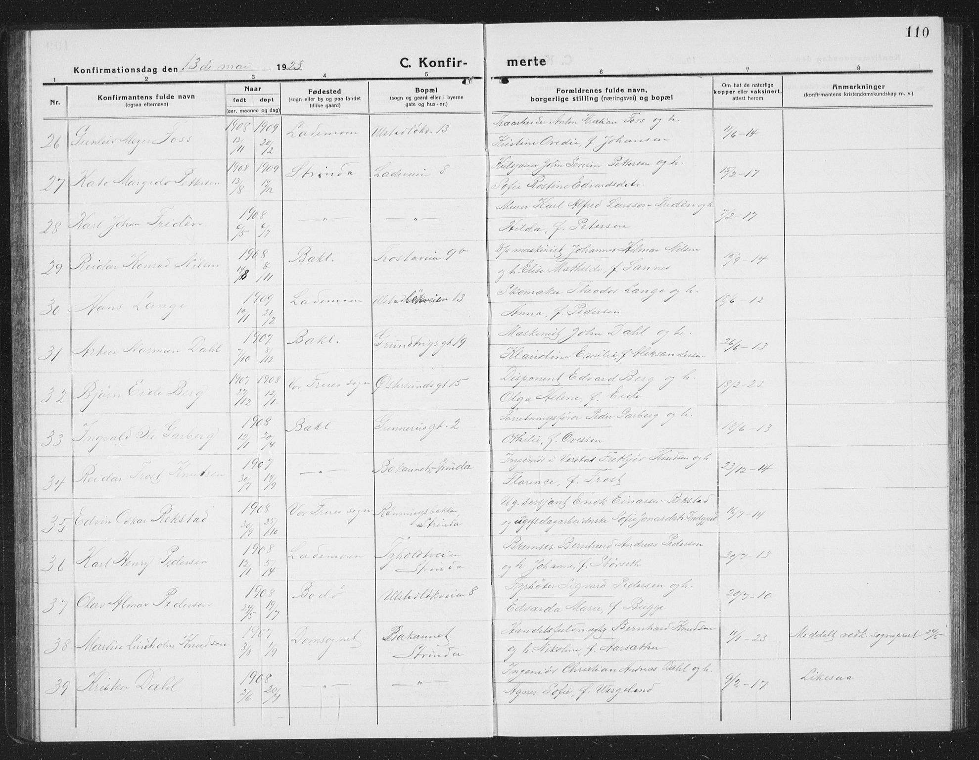 Ministerialprotokoller, klokkerbøker og fødselsregistre - Sør-Trøndelag, AV/SAT-A-1456/605/L0258: Parish register (copy) no. 605C05, 1918-1930, p. 110