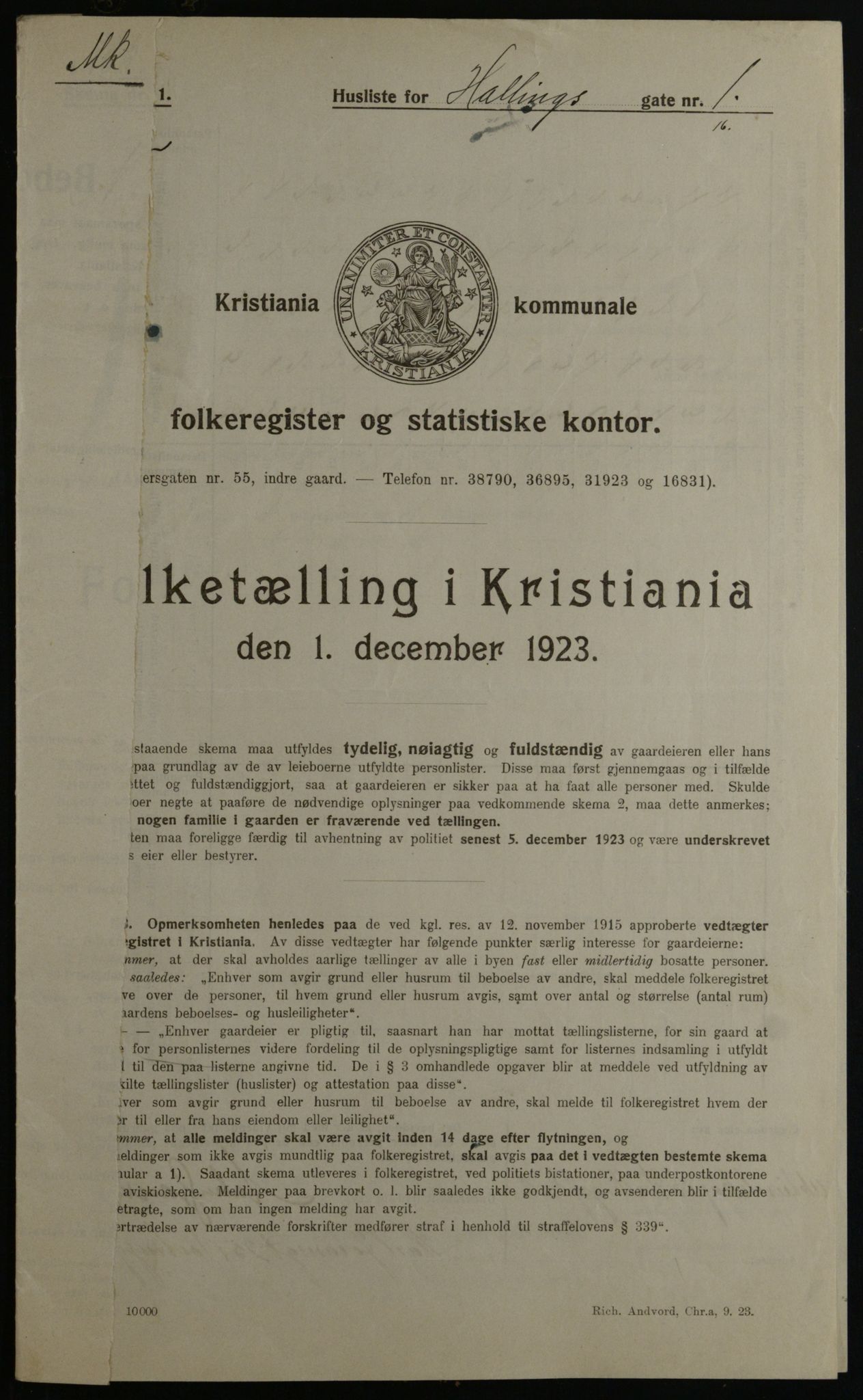 OBA, Municipal Census 1923 for Kristiania, 1923, p. 38054
