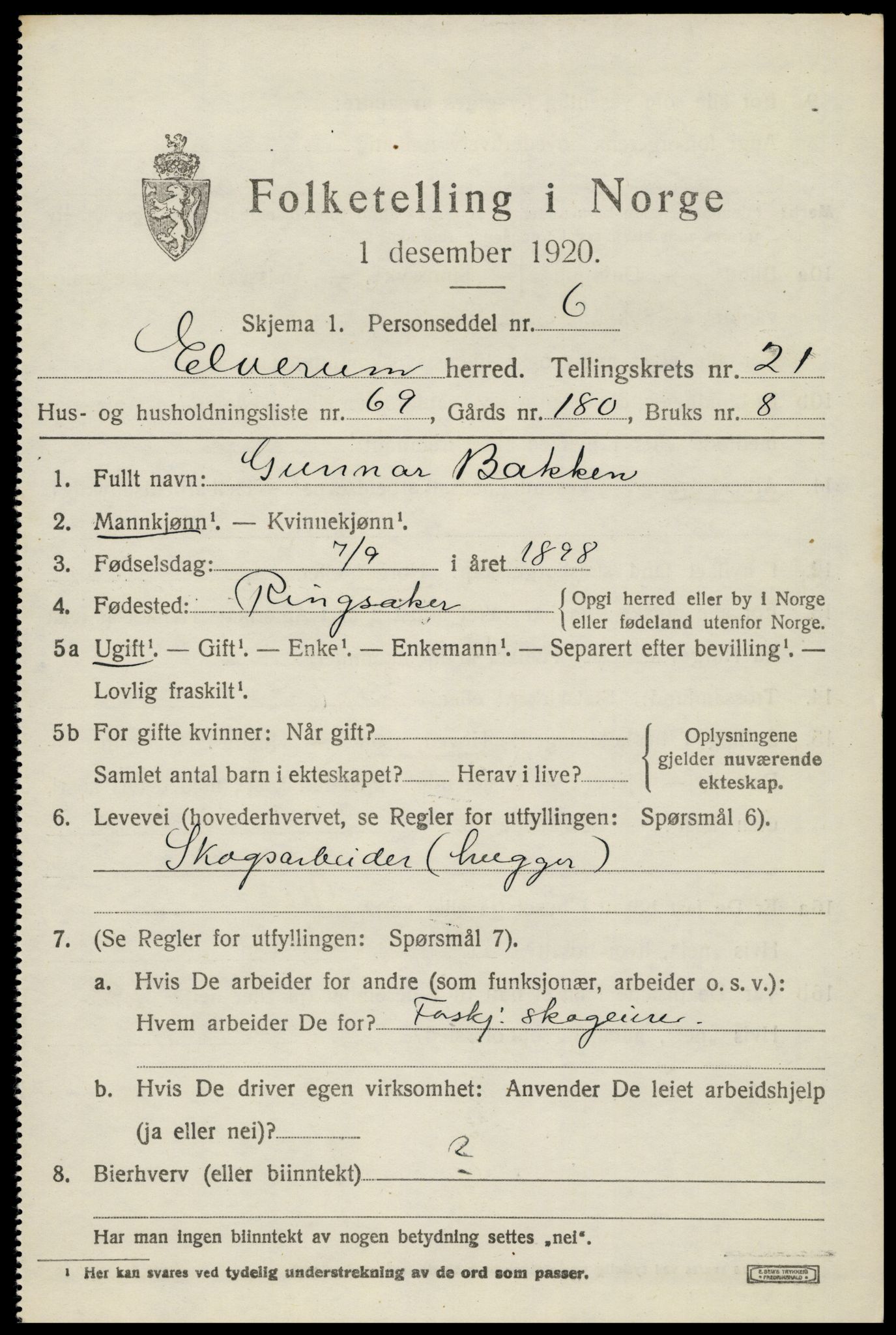 SAH, 1920 census for Elverum, 1920, p. 24640