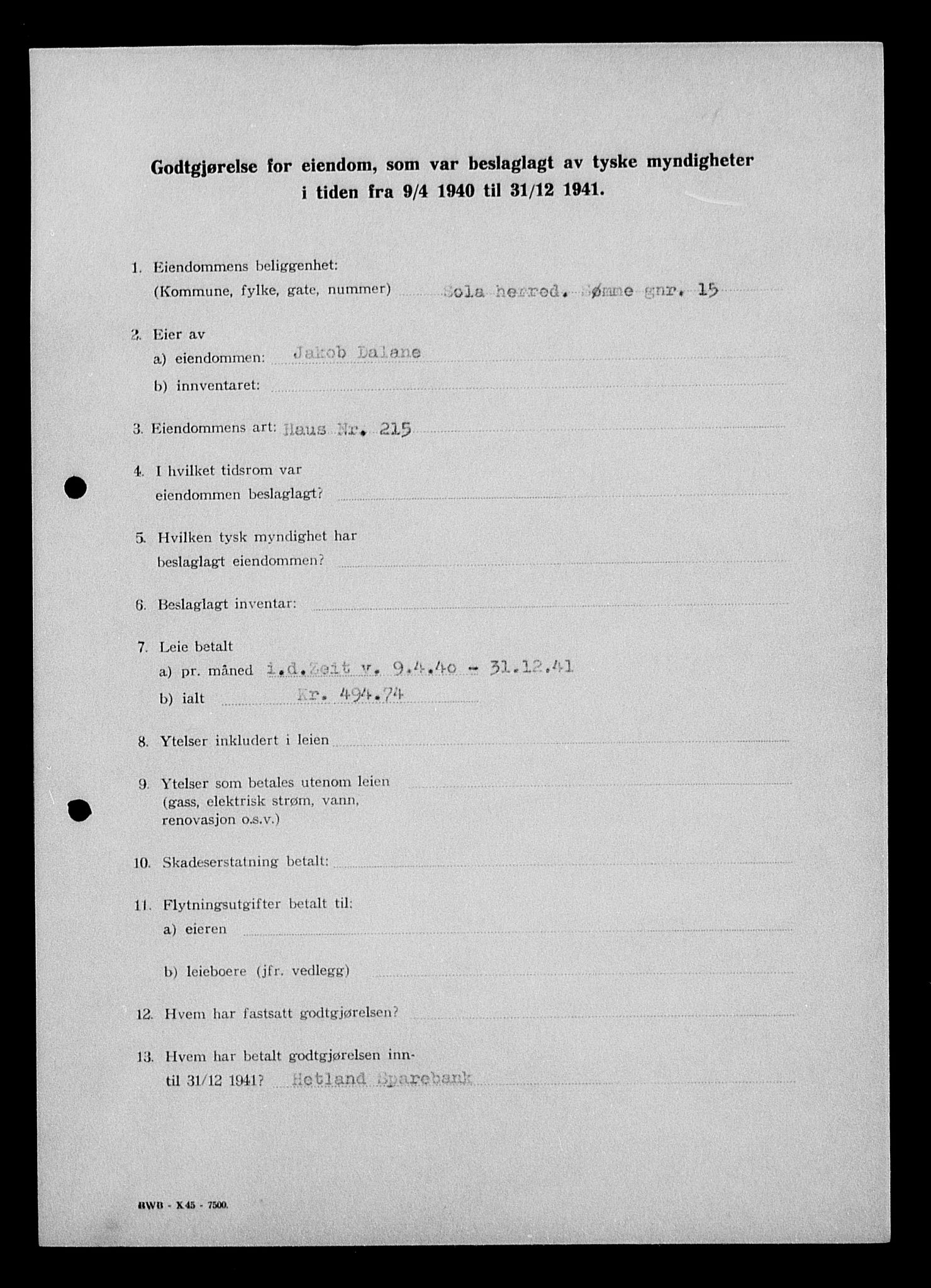 Justisdepartementet, Tilbakeføringskontoret for inndratte formuer, AV/RA-S-1564/I/L1014: Godtgjørelse for beslaglagt eiendom, 1940-1941, p. 228