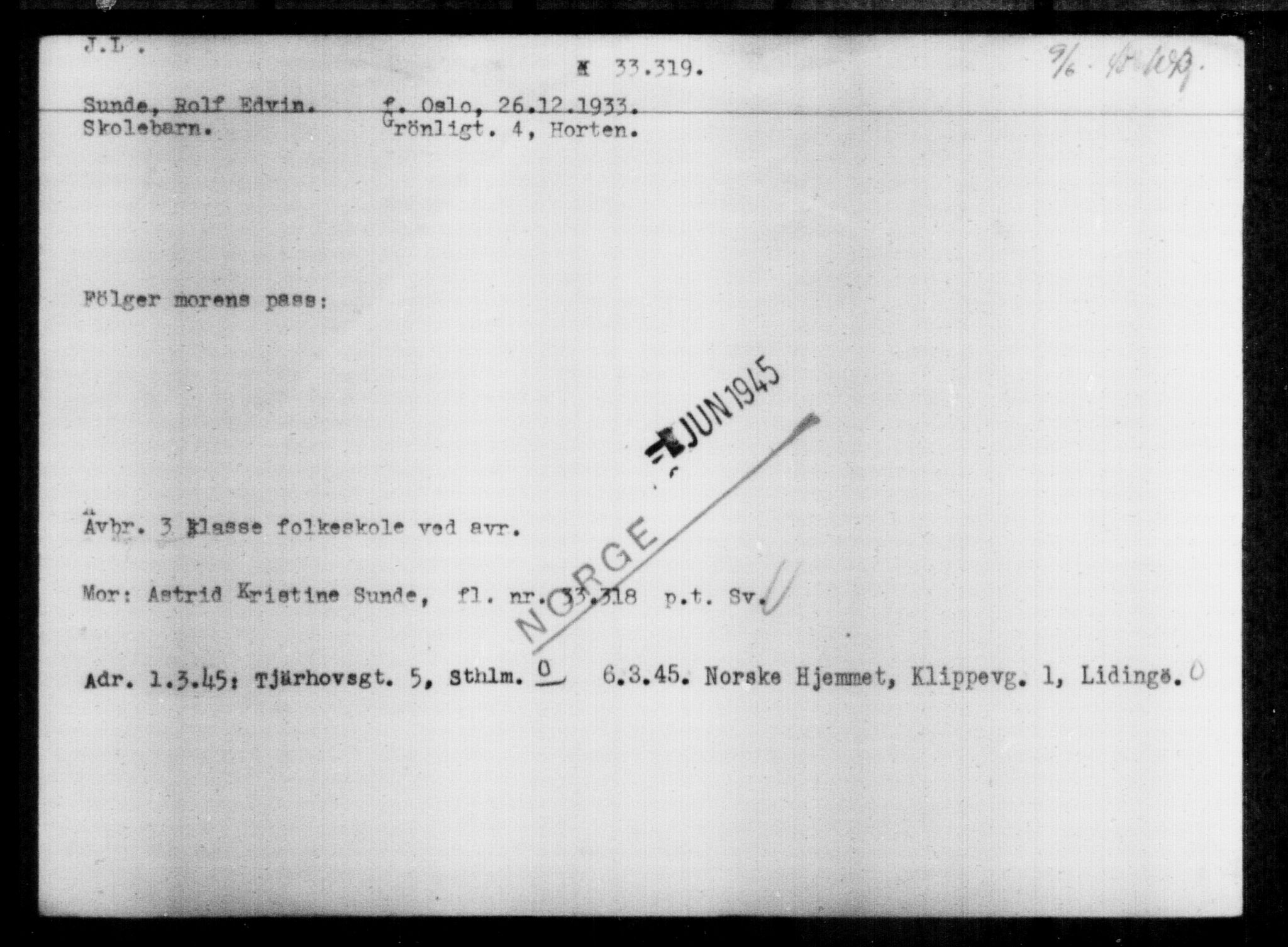 Utenriksstasjonene, Legasjonen i Stockholm, Flyktningkontoret, AV/RA-S-6753/V/Va/L0013: Kjesäterkartoteket, flyktninger med registreringsnr. 31500-34731, 1940-1945, p. 1912