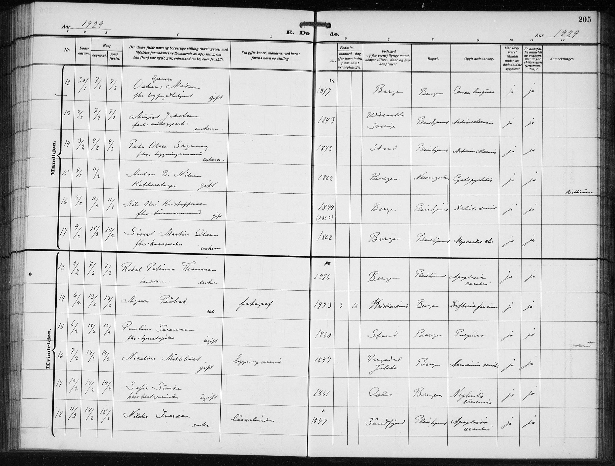 Bergen kommunale pleiehjem - stiftelsespresten, AV/SAB-A-100281: Parish register (official) no. A 7, 1921-1932, p. 205