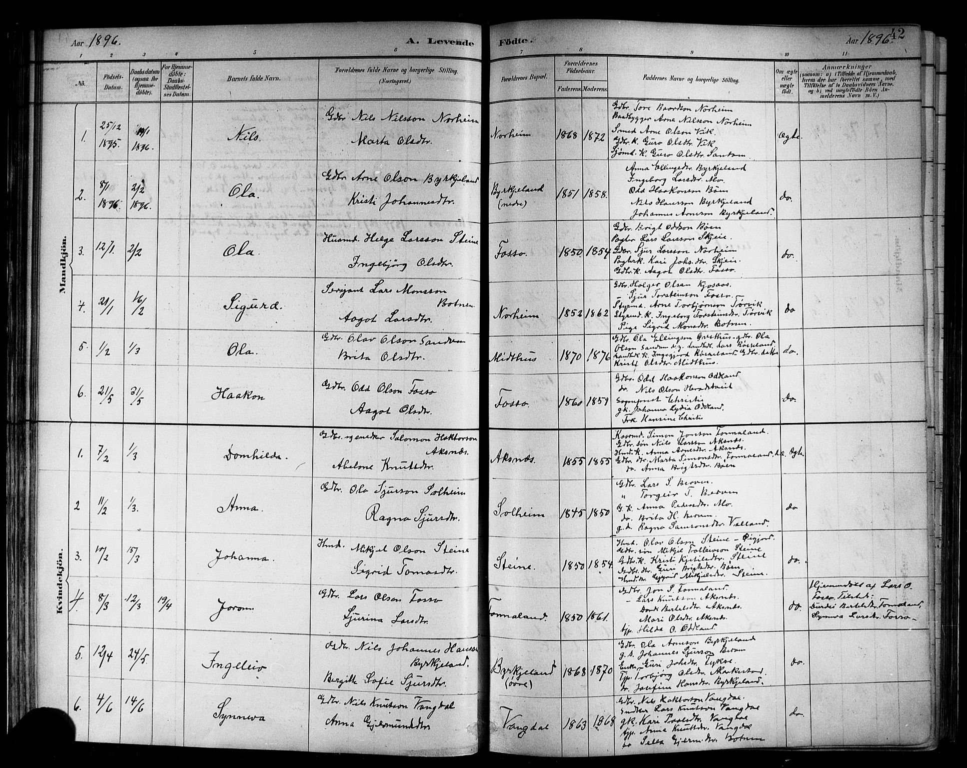 Kvam sokneprestembete, AV/SAB-A-76201/H/Hab: Parish register (copy) no. B 3, 1884-1916, p. 42