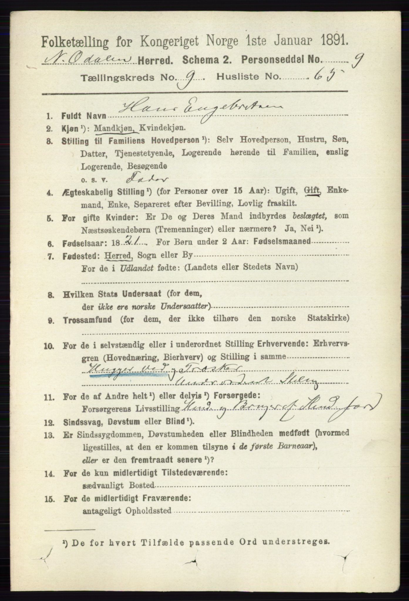 RA, 1891 census for 0418 Nord-Odal, 1891, p. 4425