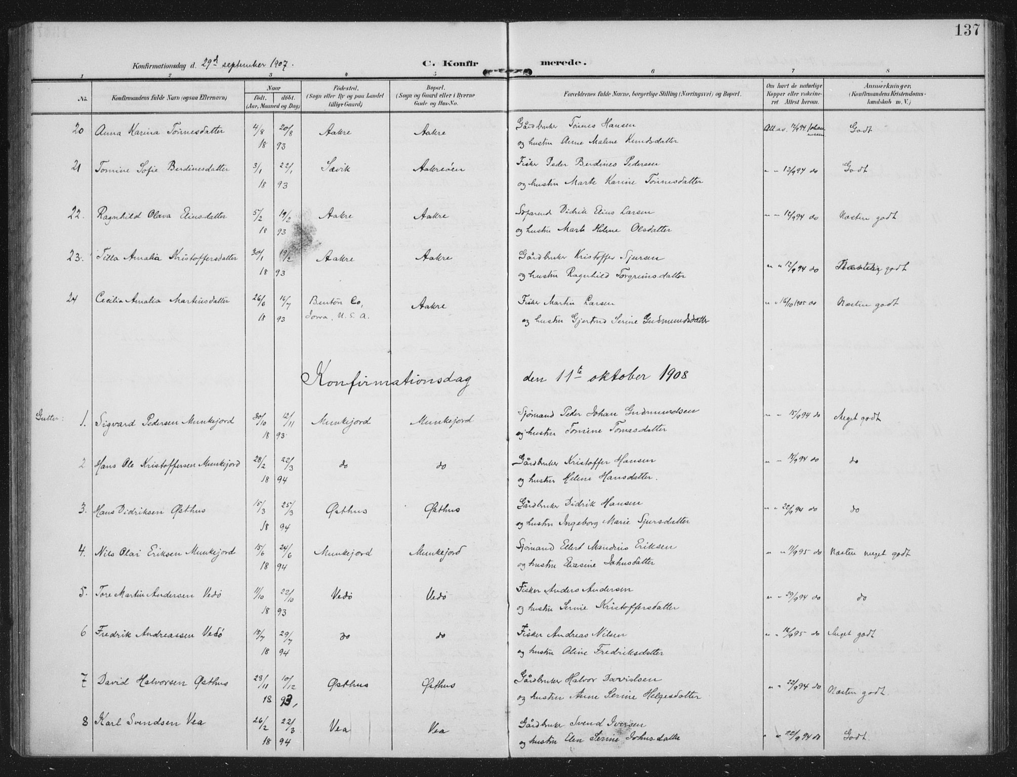 Kopervik sokneprestkontor, AV/SAST-A-101850/H/Ha/Haa/L0005: Parish register (official) no. A 5, 1906-1924, p. 137