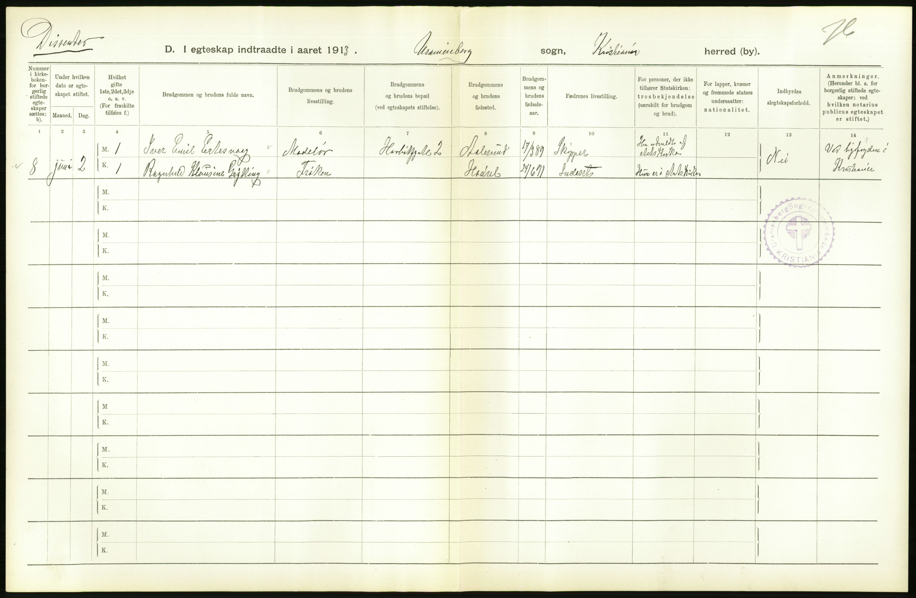 Statistisk sentralbyrå, Sosiodemografiske emner, Befolkning, RA/S-2228/D/Df/Dfb/Dfbc/L0008: Kristiania: Gifte., 1913, p. 588