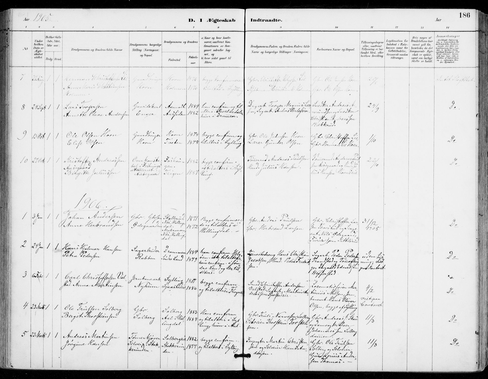 Sylling kirkebøker, SAKO/A-247/F/Fa/L0001: Parish register (official) no. 1, 1883-1910, p. 186
