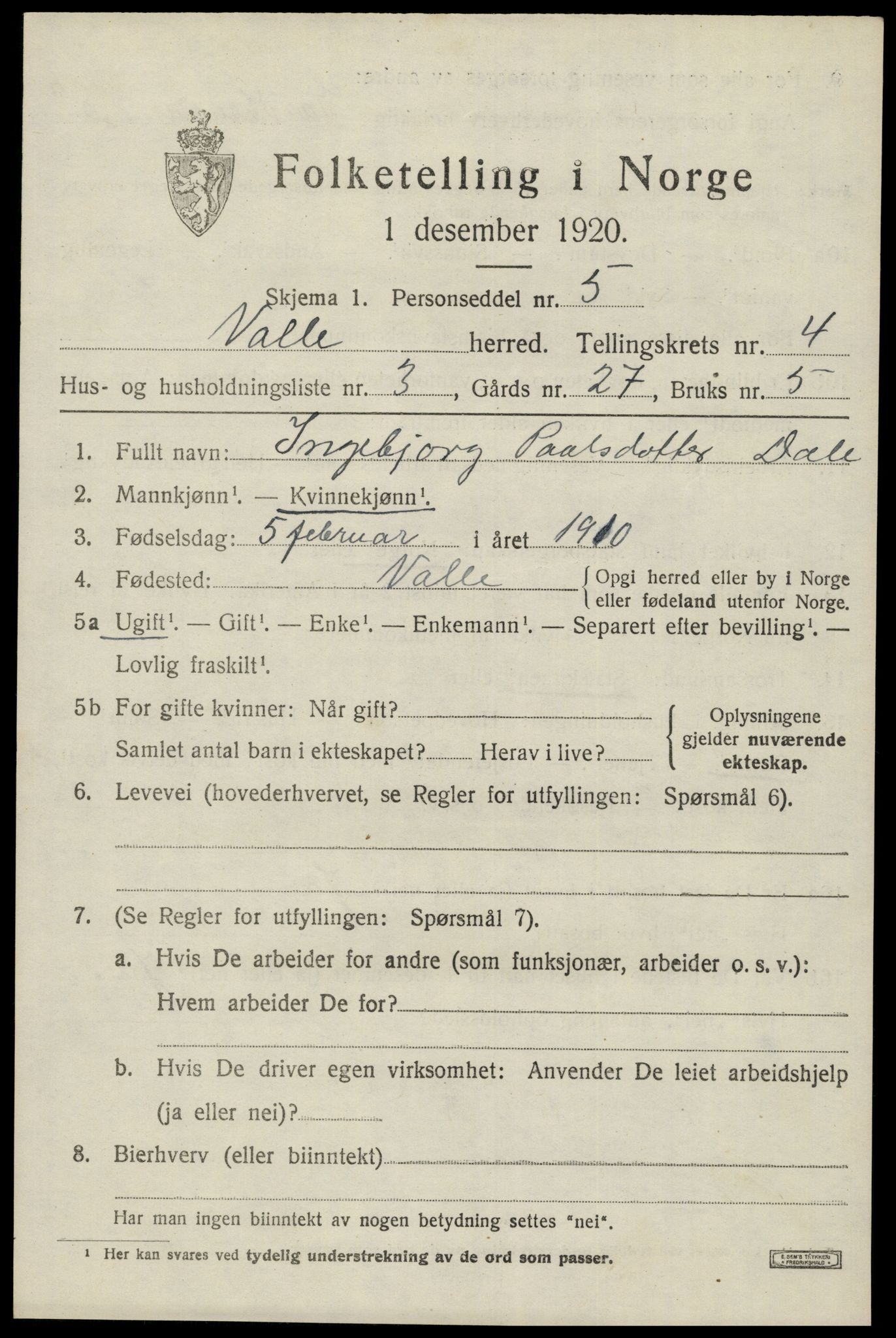 SAK, 1920 census for Valle, 1920, p. 2017