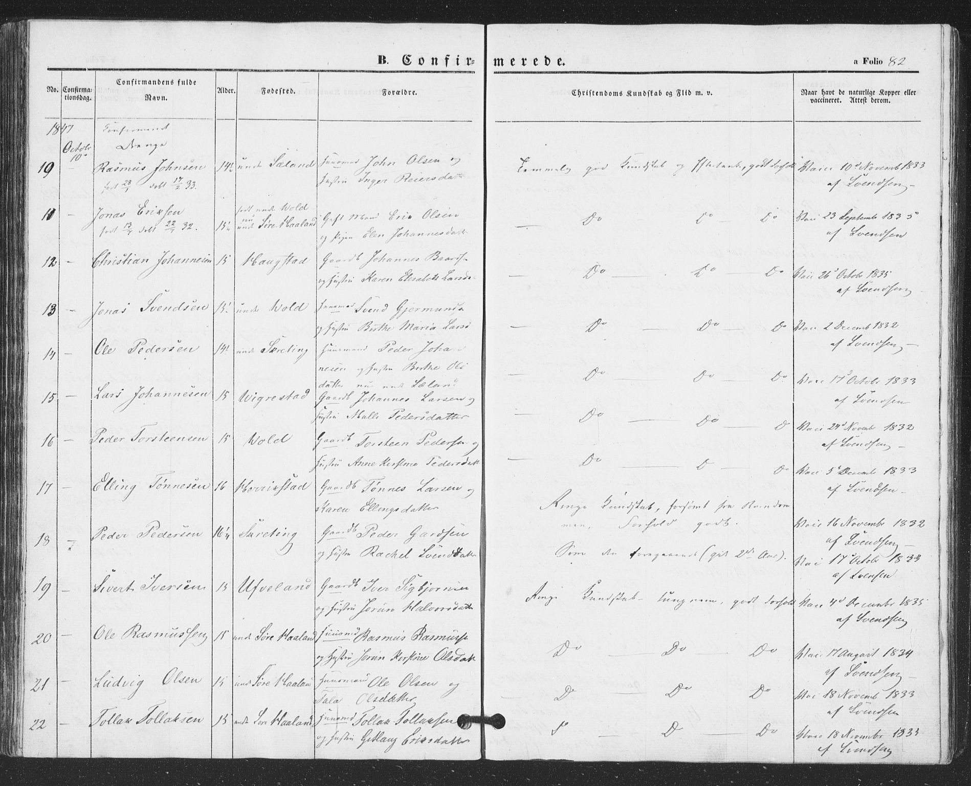 Hå sokneprestkontor, AV/SAST-A-101801/001/30BA/L0007: Parish register (official) no. A 6, 1842-1855, p. 82