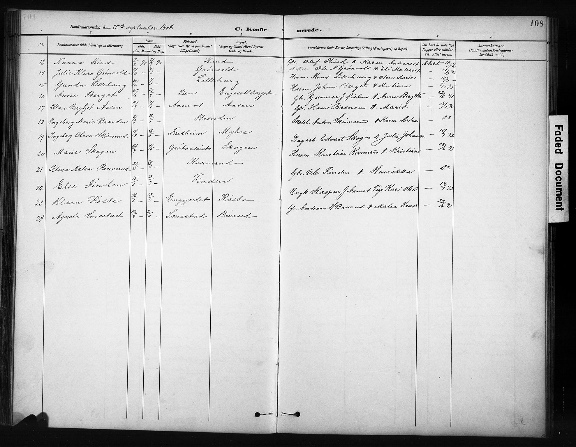 Nordre Land prestekontor, SAH/PREST-124/H/Ha/Hab/L0012: Parish register (copy) no. 12, 1891-1909, p. 108