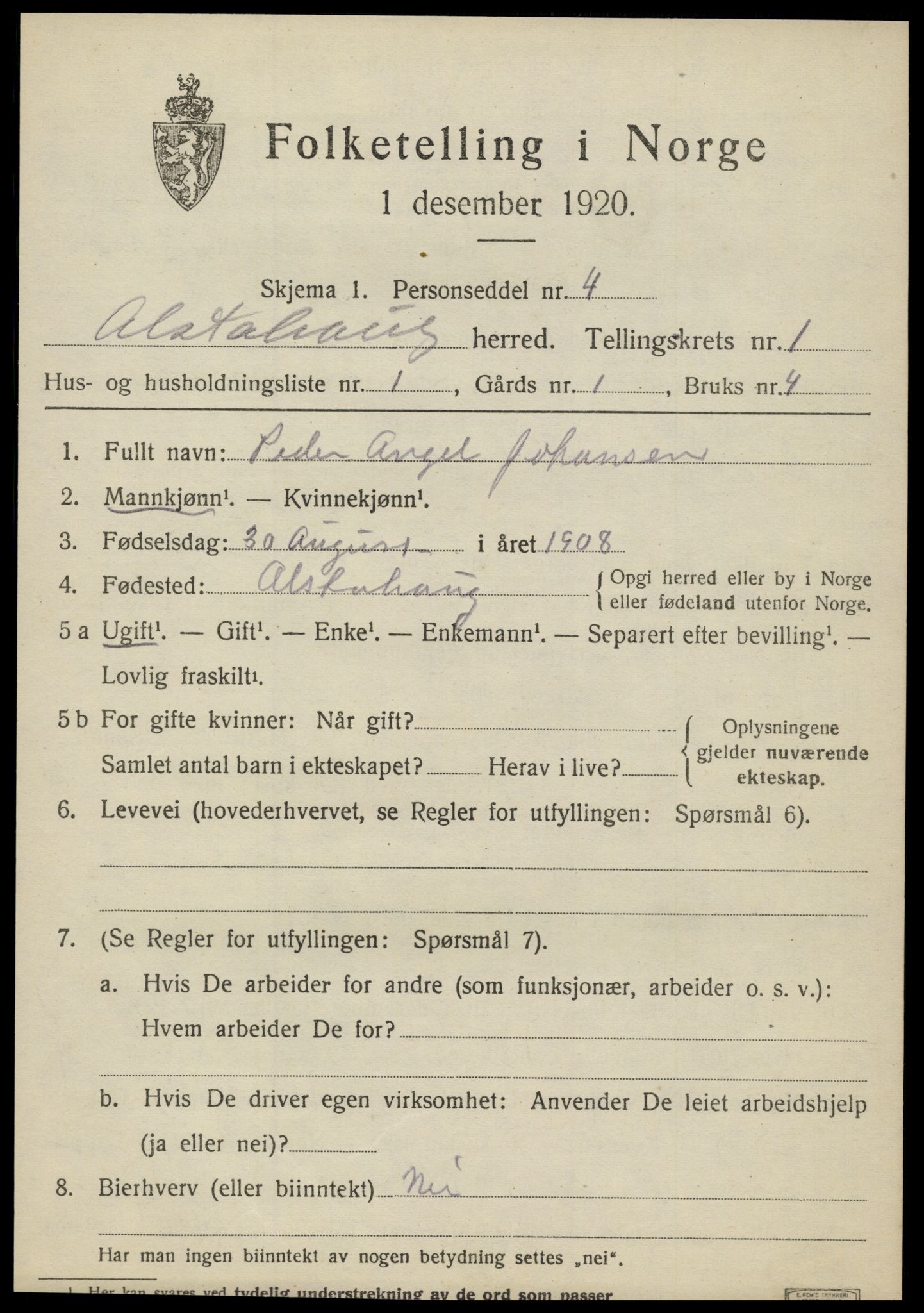 SAT, 1920 census for Alstahaug, 1920, p. 581