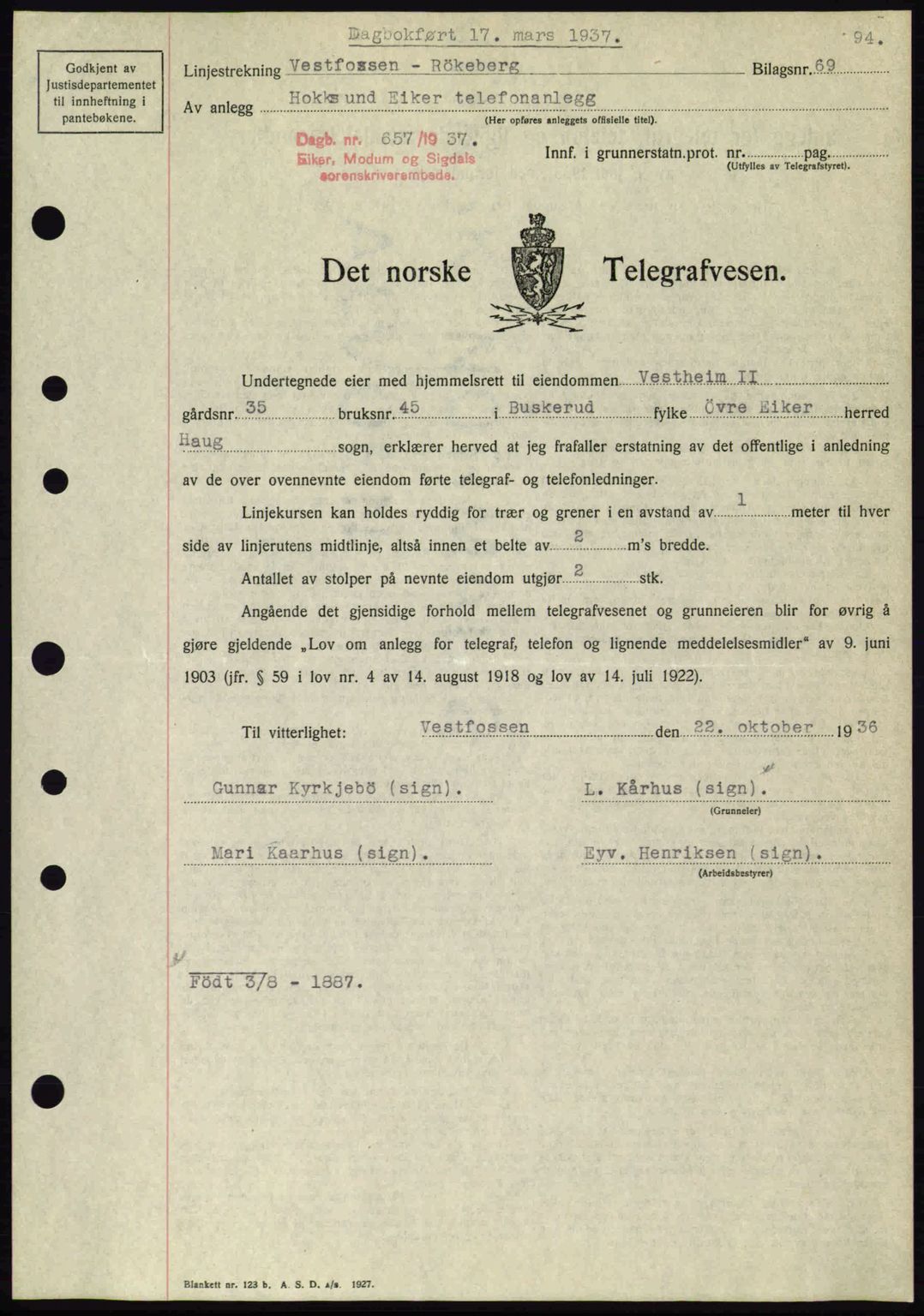 Eiker, Modum og Sigdal sorenskriveri, SAKO/A-123/G/Ga/Gab/L0035: Mortgage book no. A5, 1937-1937, Diary no: : 657/1937