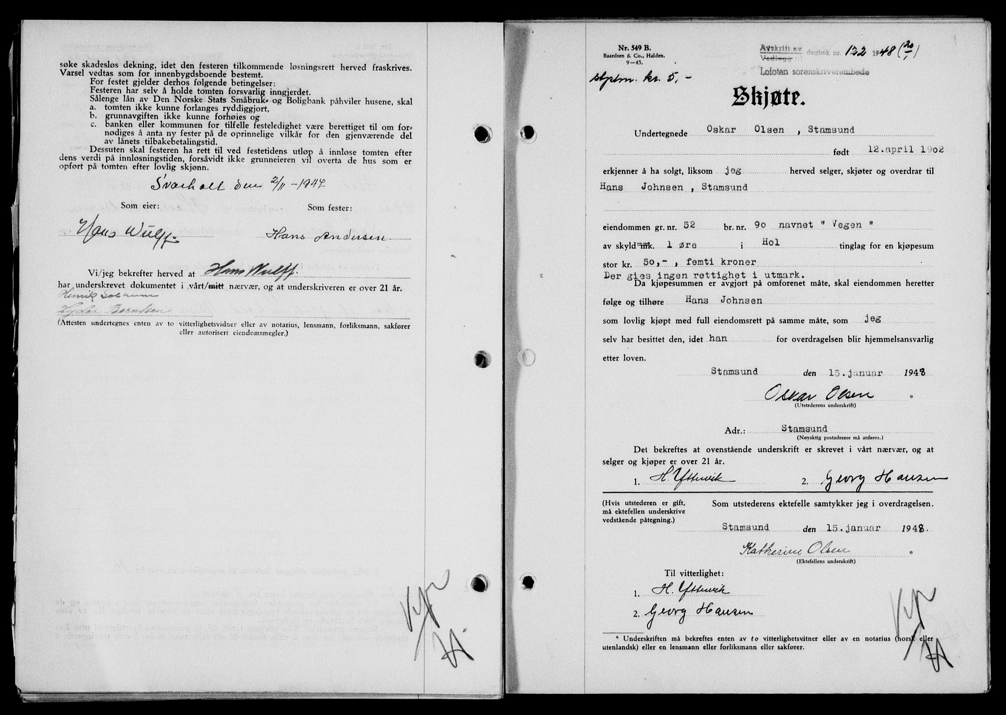 Lofoten sorenskriveri, SAT/A-0017/1/2/2C/L0017a: Mortgage book no. 17a, 1947-1948, Diary no: : 122/1948