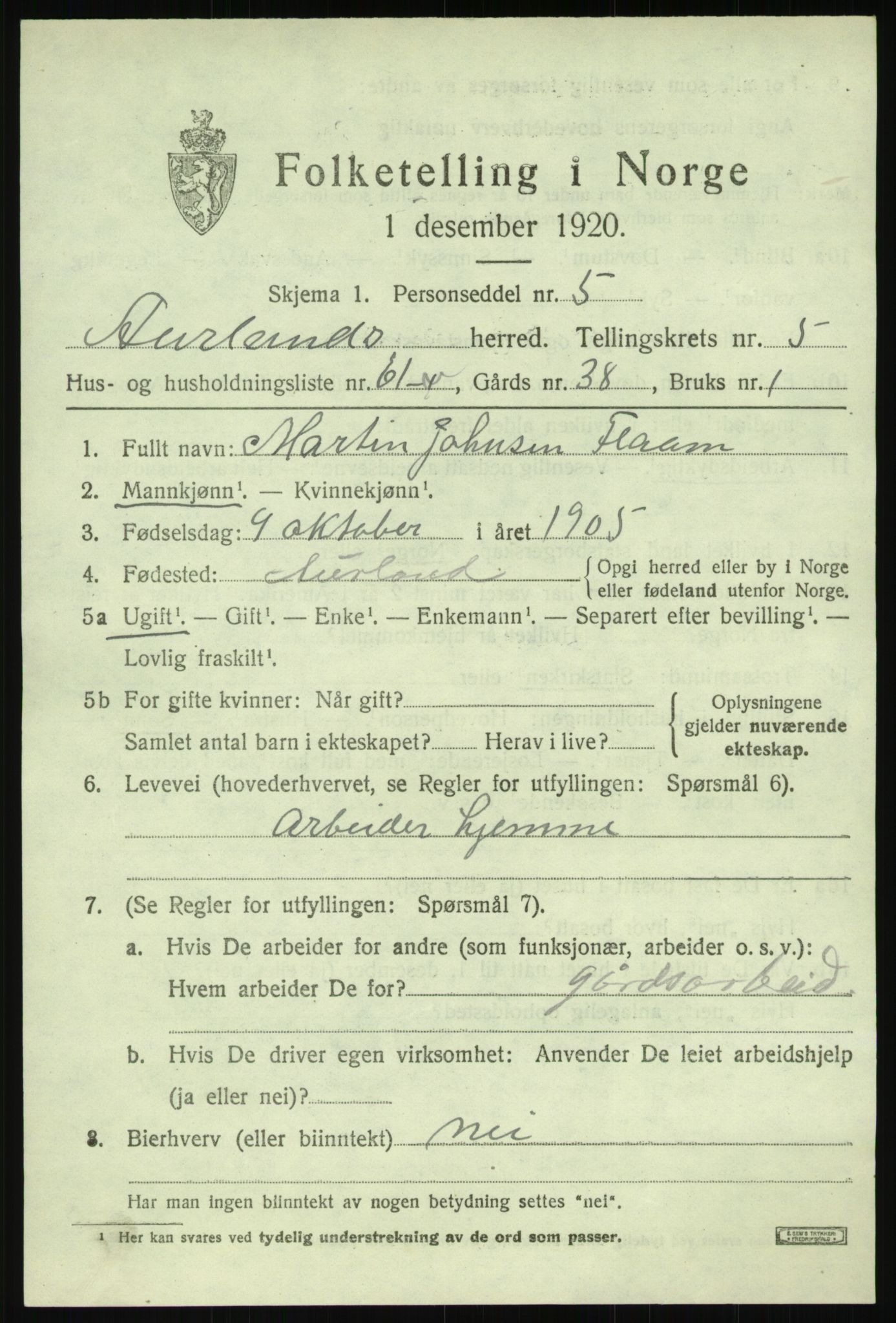 SAB, 1920 census for Aurland, 1920, p. 3854