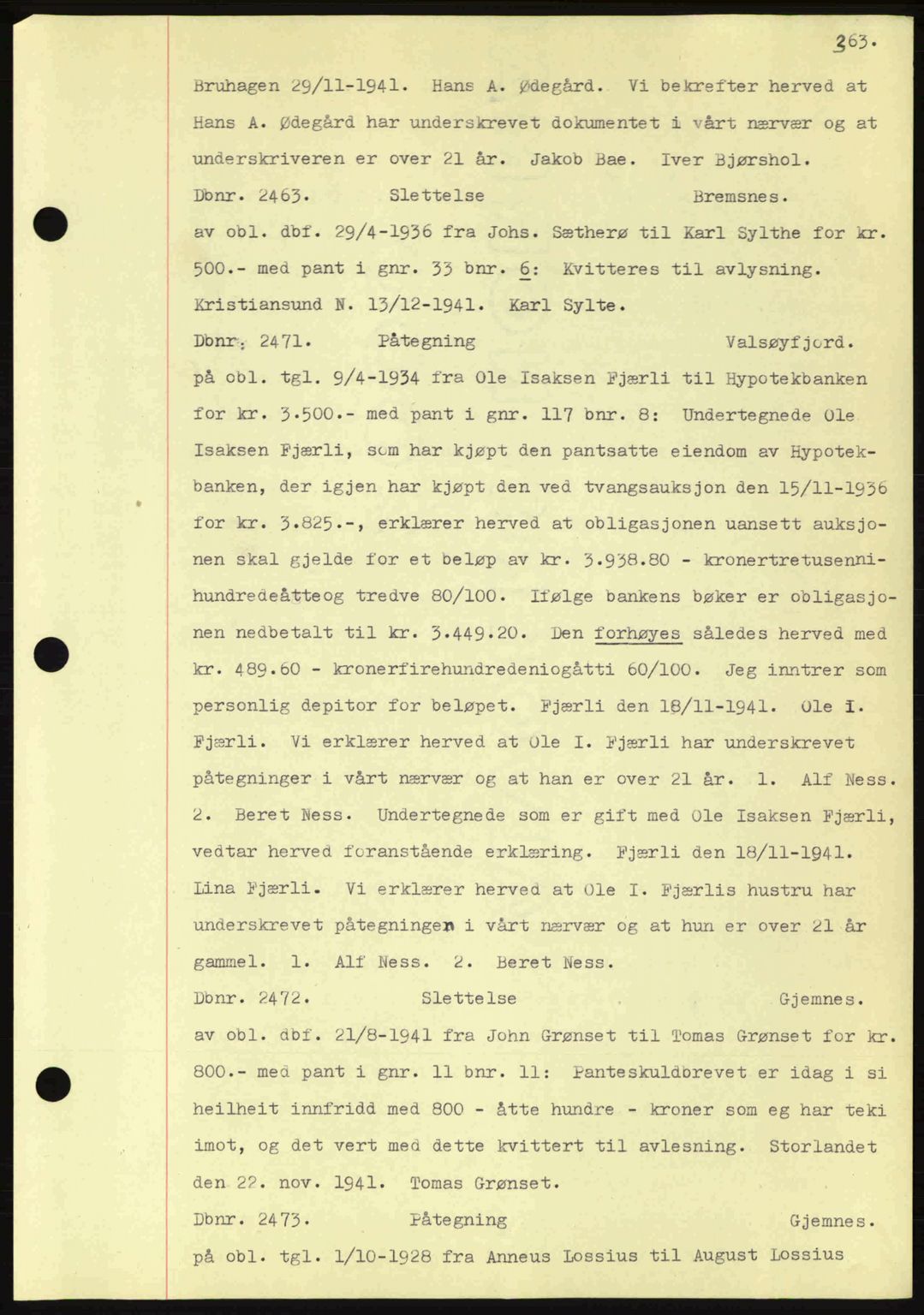 Nordmøre sorenskriveri, AV/SAT-A-4132/1/2/2Ca: Mortgage book no. C81, 1940-1945, Diary no: : 2463/1941