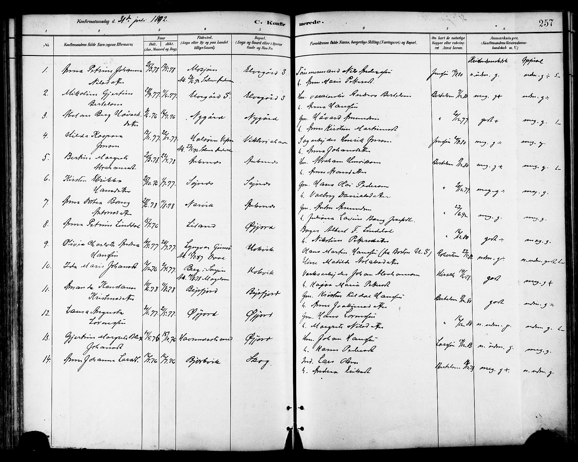 Ministerialprotokoller, klokkerbøker og fødselsregistre - Nordland, AV/SAT-A-1459/866/L0938: Parish register (official) no. 866A01, 1879-1893, p. 257