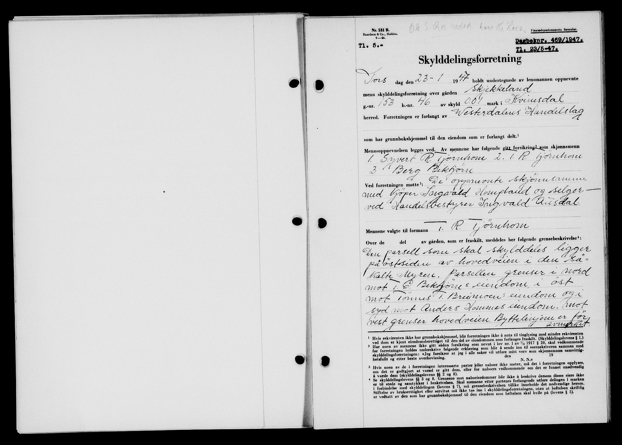 Flekkefjord sorenskriveri, SAK/1221-0001/G/Gb/Gba/L0062: Mortgage book no. A-10, 1947-1947, Diary no: : 469/1947