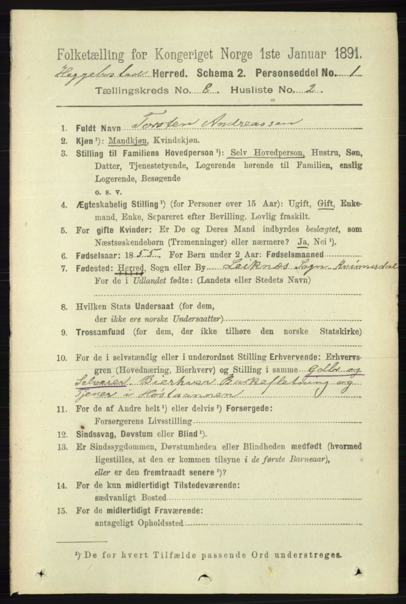 RA, 1891 census for 1034 Hægebostad, 1891, p. 2472