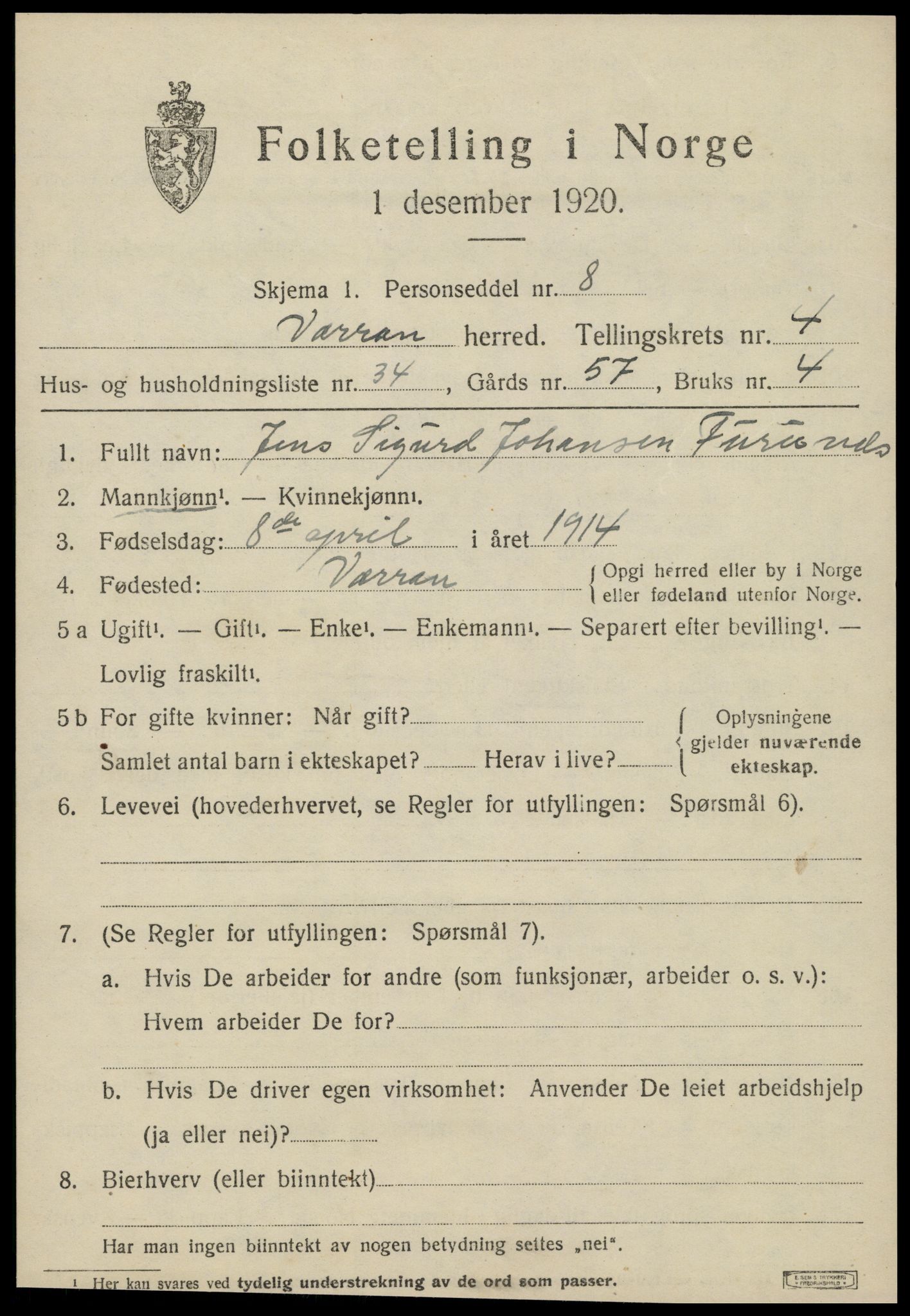 SAT, 1920 census for Verran, 1920, p. 1876