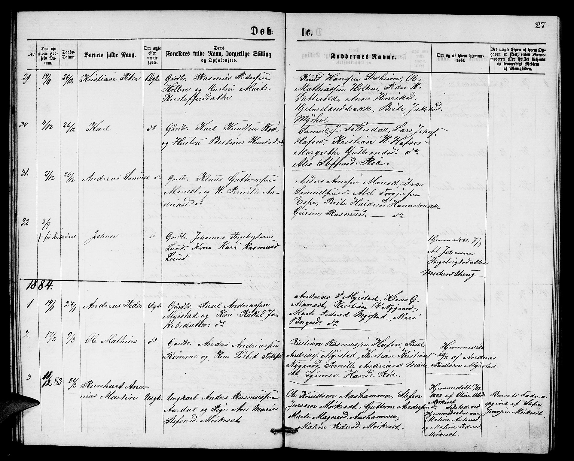 Eid sokneprestembete, SAB/A-82301/H/Hab/Habc/L0001: Parish register (copy) no. C 1, 1877-1886, p. 27