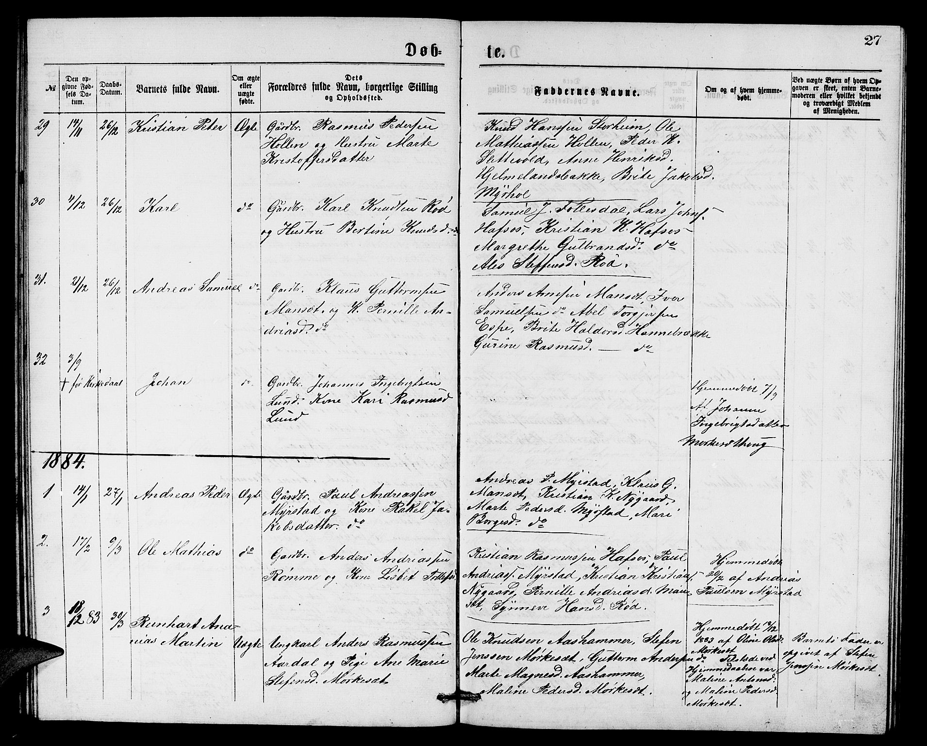 Eid sokneprestembete, AV/SAB-A-82301/H/Hab/Habc/L0001: Parish register (copy) no. C 1, 1877-1886, p. 27