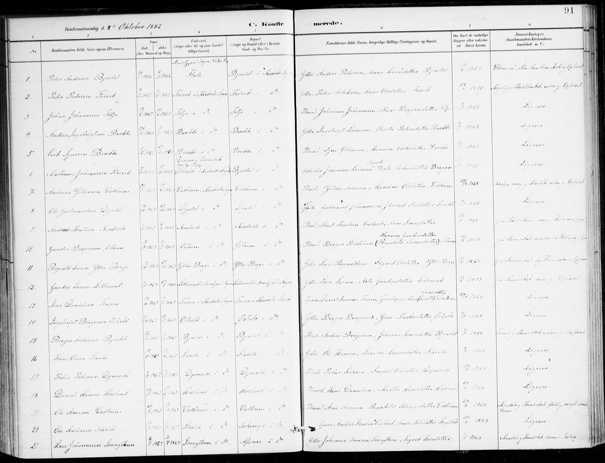 Lavik sokneprestembete, AV/SAB-A-80901: Parish register (official) no. C 1, 1882-1904, p. 91