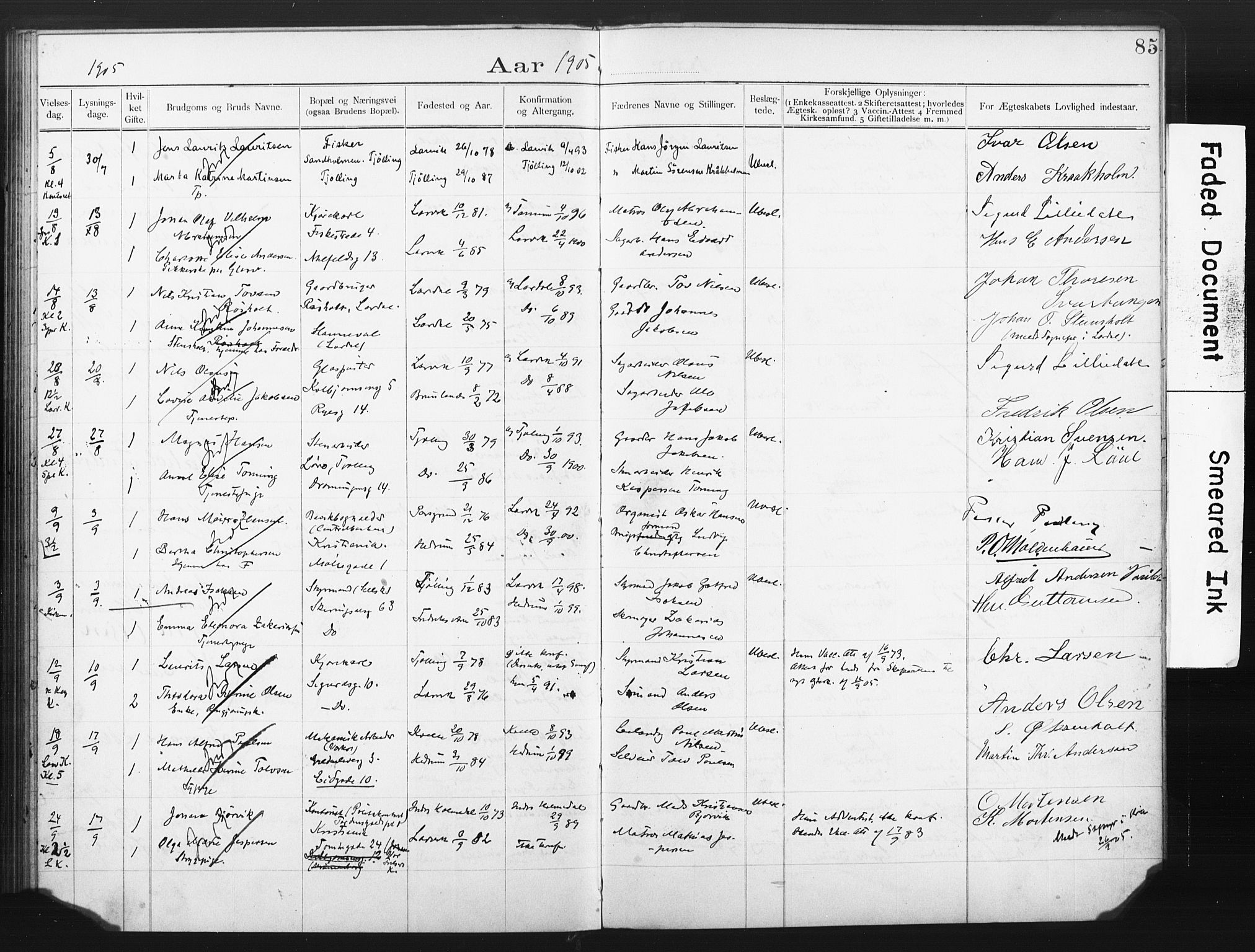 Larvik kirkebøker, AV/SAKO-A-352/H/Ha/L0002: Banns register no. 2, 1892-1907, p. 85