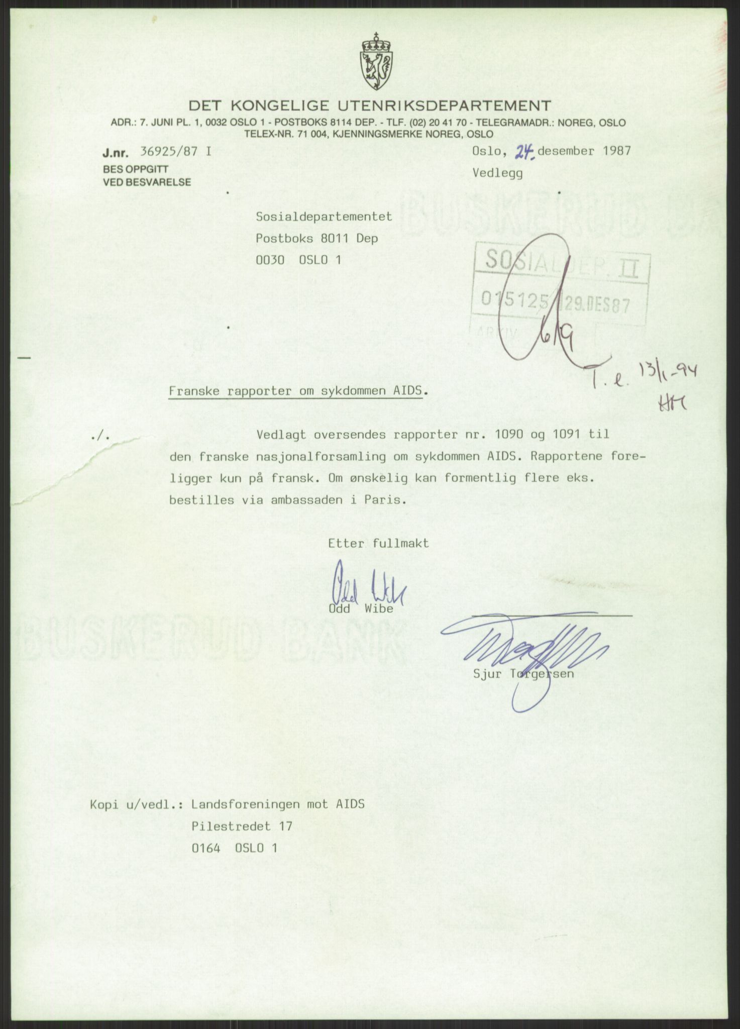 Sosialdepartementet, Administrasjons-, trygde-, plan- og helseavdelingen, RA/S-6179/D/L2240/0004: -- / 619 Diverse. HIV/AIDS, 1987, p. 65