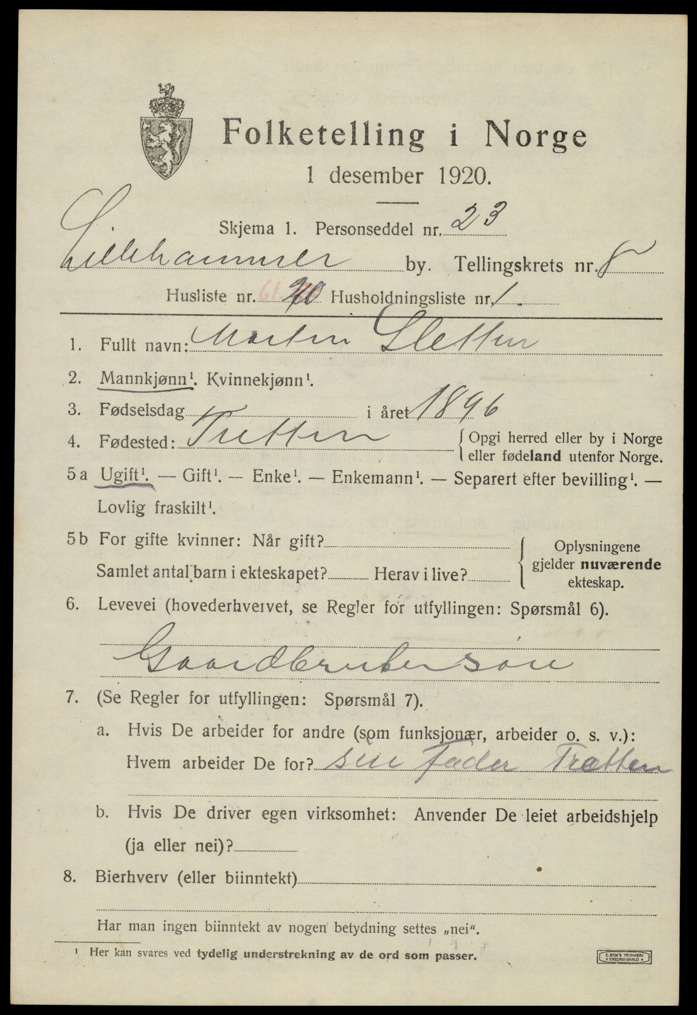 SAH, 1920 census for Lillehammer, 1920, p. 11670