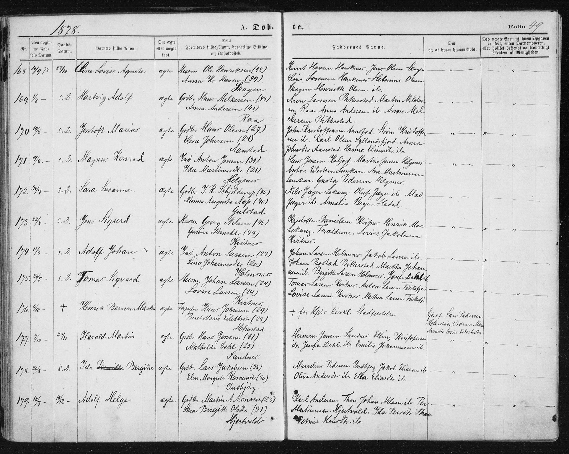 Ministerialprotokoller, klokkerbøker og fødselsregistre - Nordland, AV/SAT-A-1459/888/L1243: Parish register (official) no. 888A09, 1876-1879, p. 49