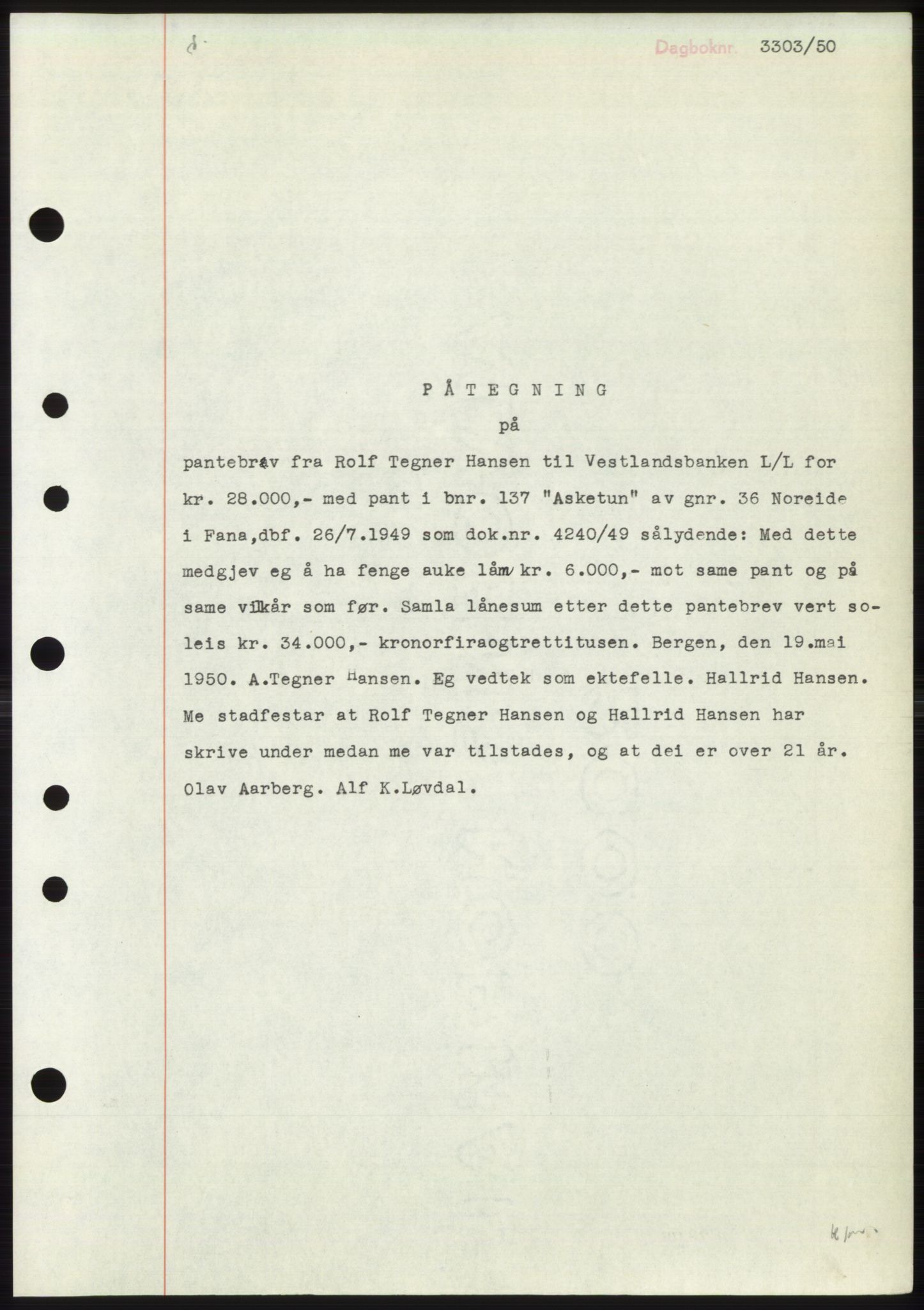 Midhordland sorenskriveri, AV/SAB-A-3001/1/G/Gb/Gbn/L0002: Mortgage book no. B20-41, 1946-1950, Diary no: : 3303/1950