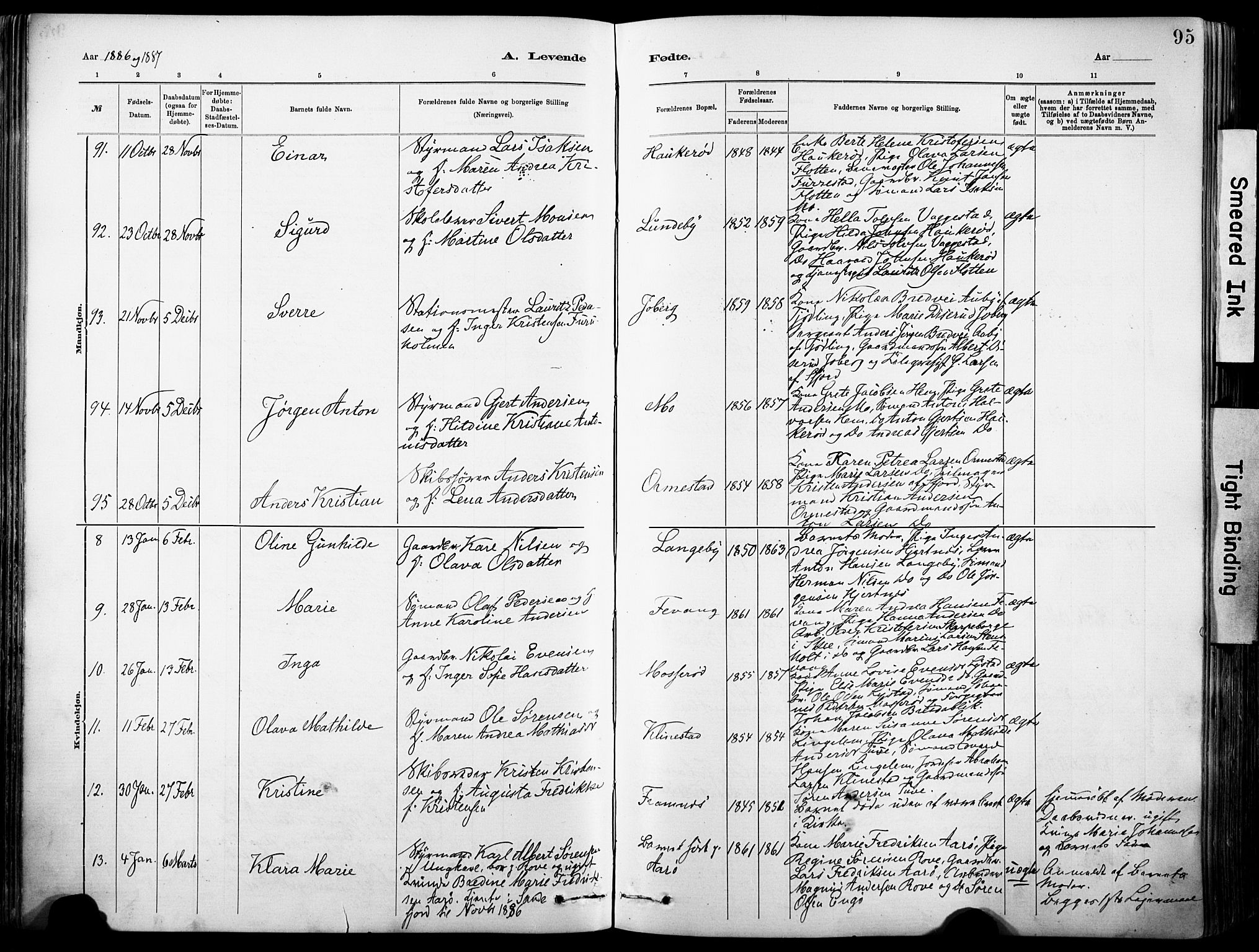 Sandar kirkebøker, AV/SAKO-A-243/F/Fa/L0012: Parish register (official) no. 12, 1883-1895, p. 95