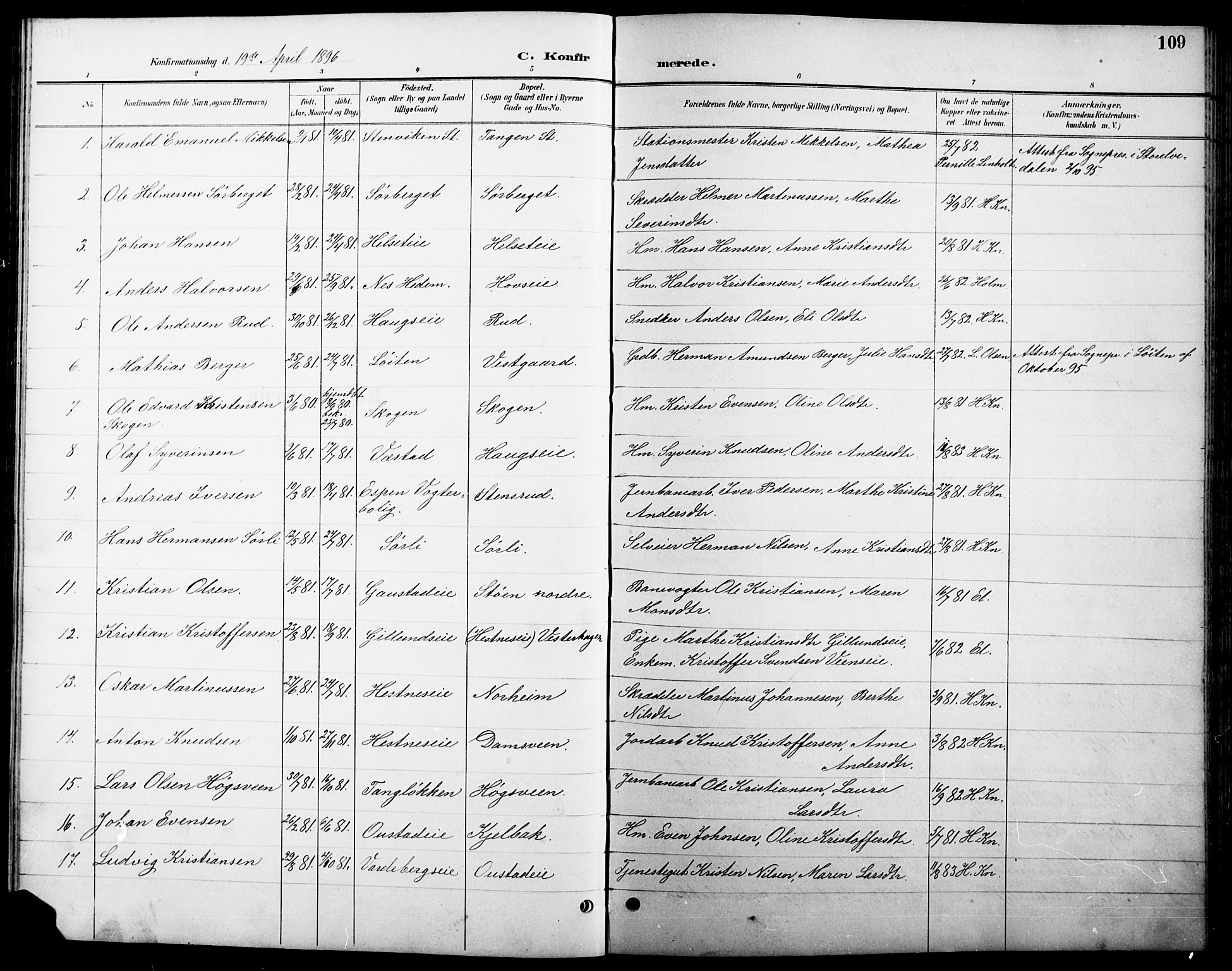 Stange prestekontor, AV/SAH-PREST-002/L/L0011: Parish register (copy) no. 11, 1895-1917, p. 109