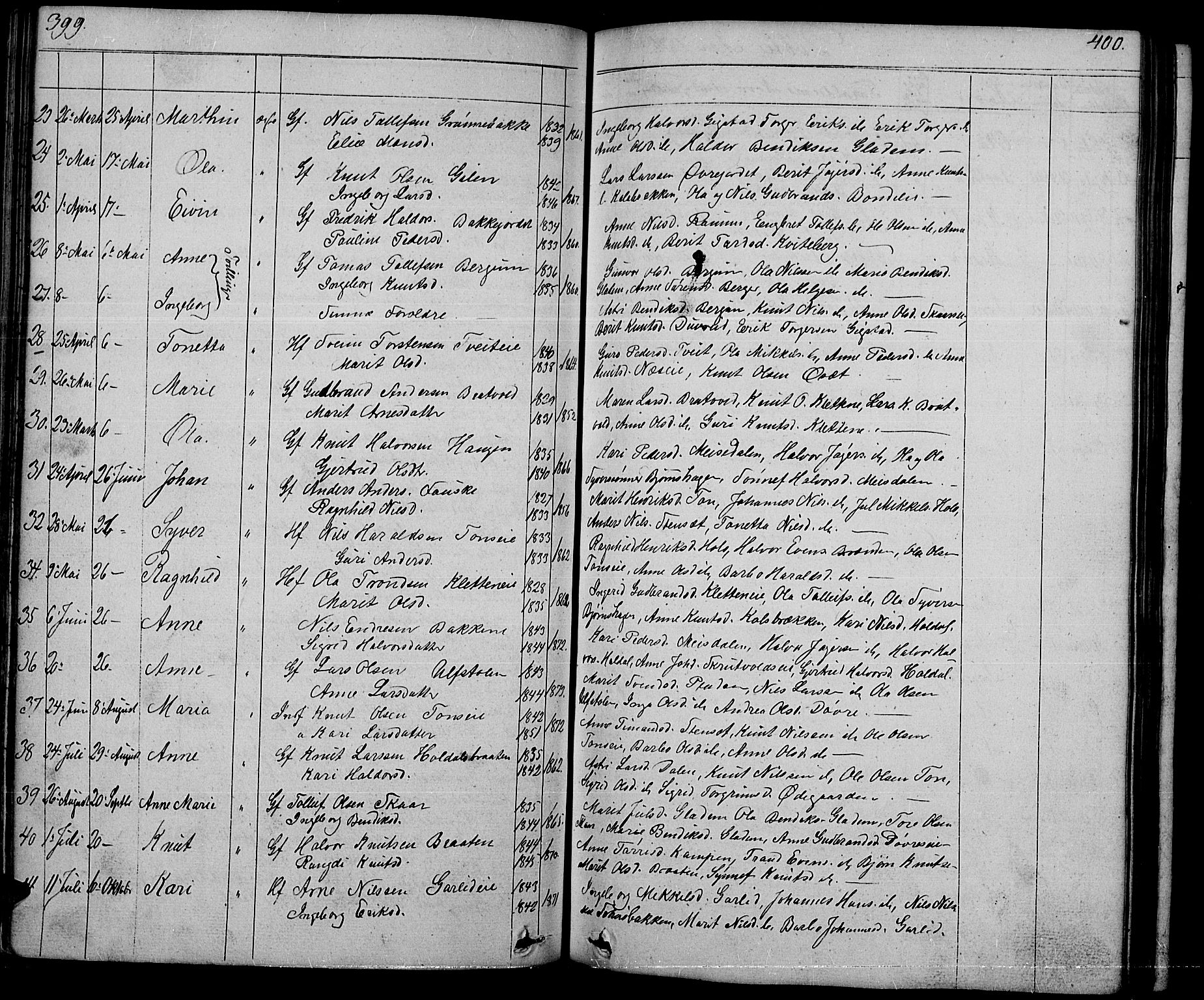 Nord-Aurdal prestekontor, SAH/PREST-132/H/Ha/Hab/L0001: Parish register (copy) no. 1, 1834-1887, p. 399-400