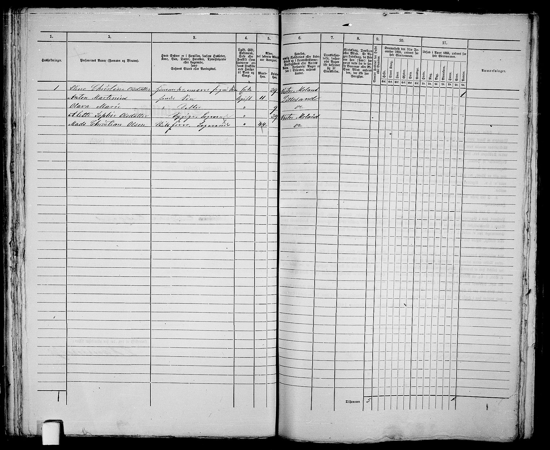 RA, 1865 census for Vestre Moland/Lillesand, 1865, p. 43