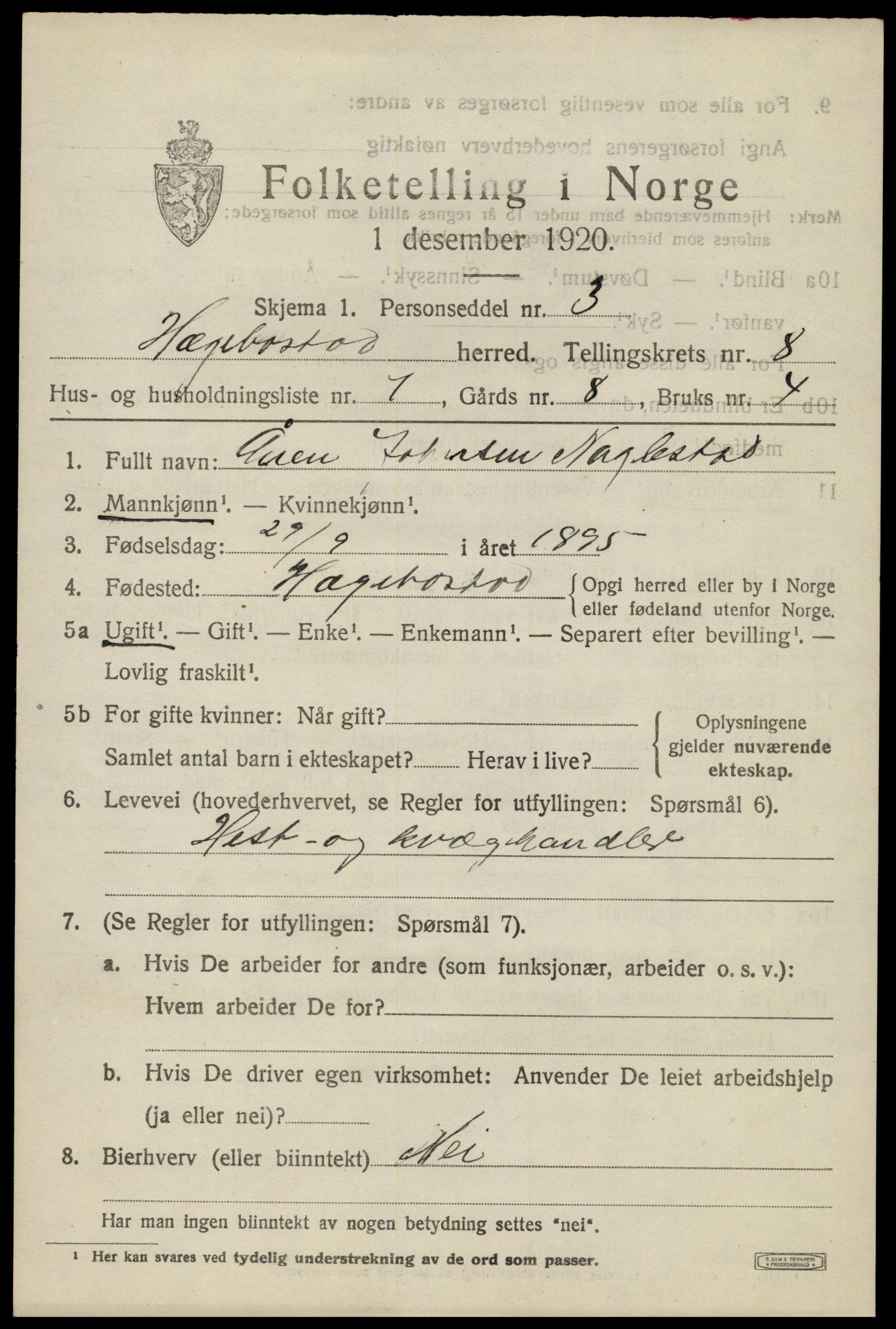 SAK, 1920 census for Hægebostad, 1920, p. 2191