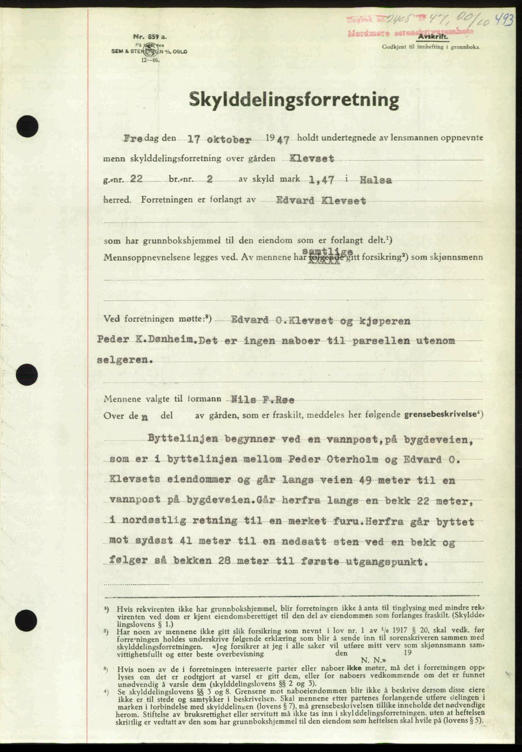 Nordmøre sorenskriveri, AV/SAT-A-4132/1/2/2Ca: Mortgage book no. A106, 1947-1947, Diary no: : 2405/1947