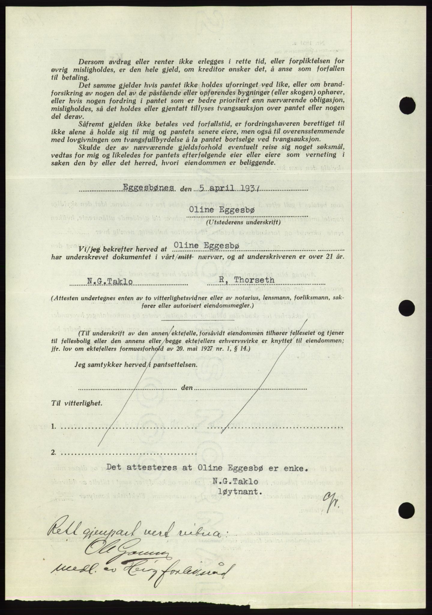 Søre Sunnmøre sorenskriveri, AV/SAT-A-4122/1/2/2C/L0063: Mortgage book no. 57, 1937-1937, Diary no: : 734/1937