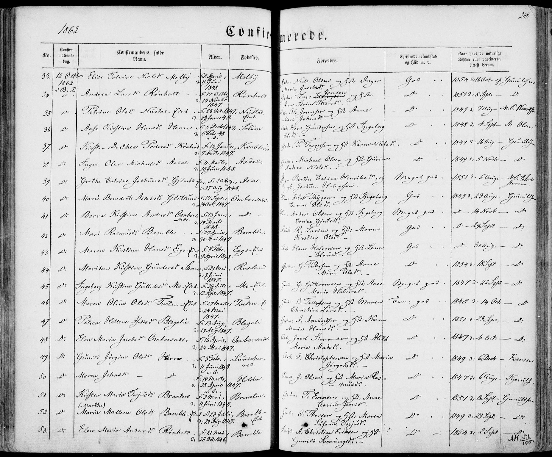 Bamble kirkebøker, SAKO/A-253/F/Fa/L0005: Parish register (official) no. I 5, 1854-1869, p. 248