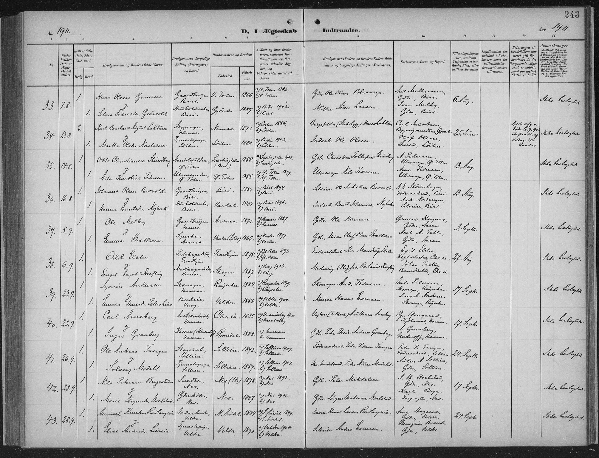 Hamar prestekontor, AV/SAH-DOMPH-002/H/Ha/Haa/L0001: Parish register (official) no. 1, 1900-1914, p. 243