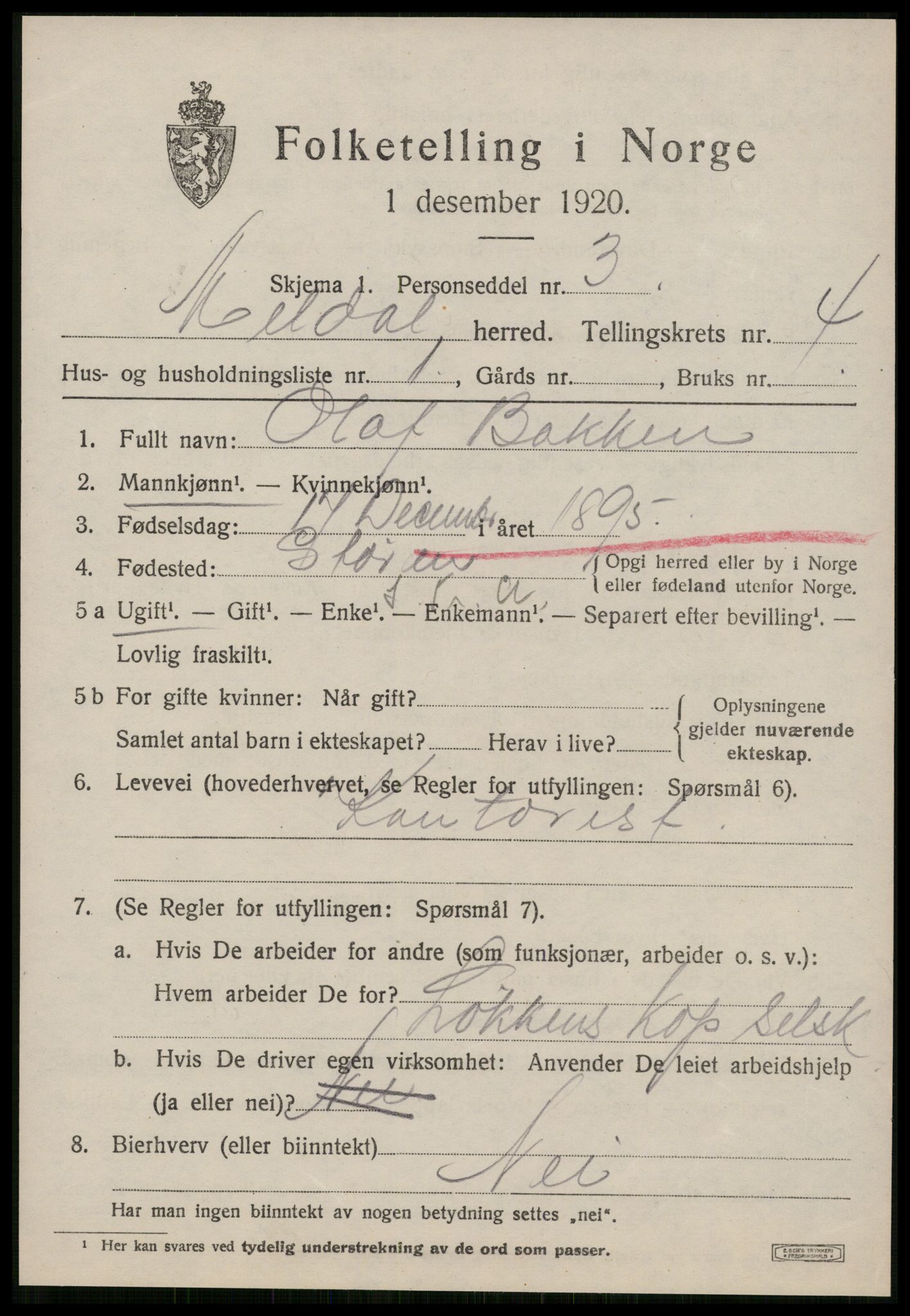 SAT, 1920 census for Meldal, 1920, p. 3635